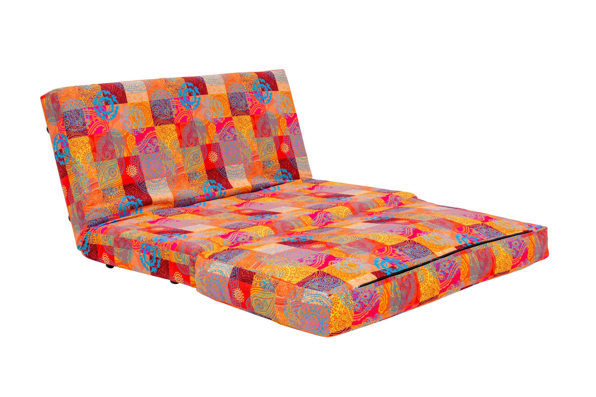Sofá-cama elegante de 2 lugares, estrutura de metal, tecido patchwork | Encosto ajustável em 14 níveis, converte-se facilmente | Peso máximo de 200 kg | Design boêmio