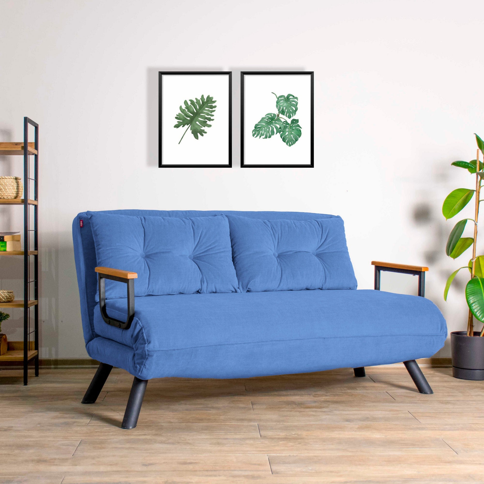 Sofá-cama moderno de 2 lugares, azul, estrutura 100% metálica, encosto ajustável em 14 níveis, fácil conversão, capacidade para 200 kg | Elegante e funcional para residências e hotéis