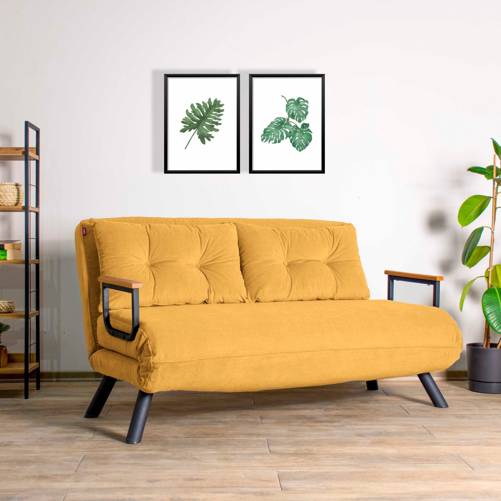 Sofá-cama moderno de 2 lugares, amarelo mostarda, estrutura 100% metálica | Encosto ajustável, fácil conversão, capacidade para 200 kg | Elegante e funcional para casa e hotel