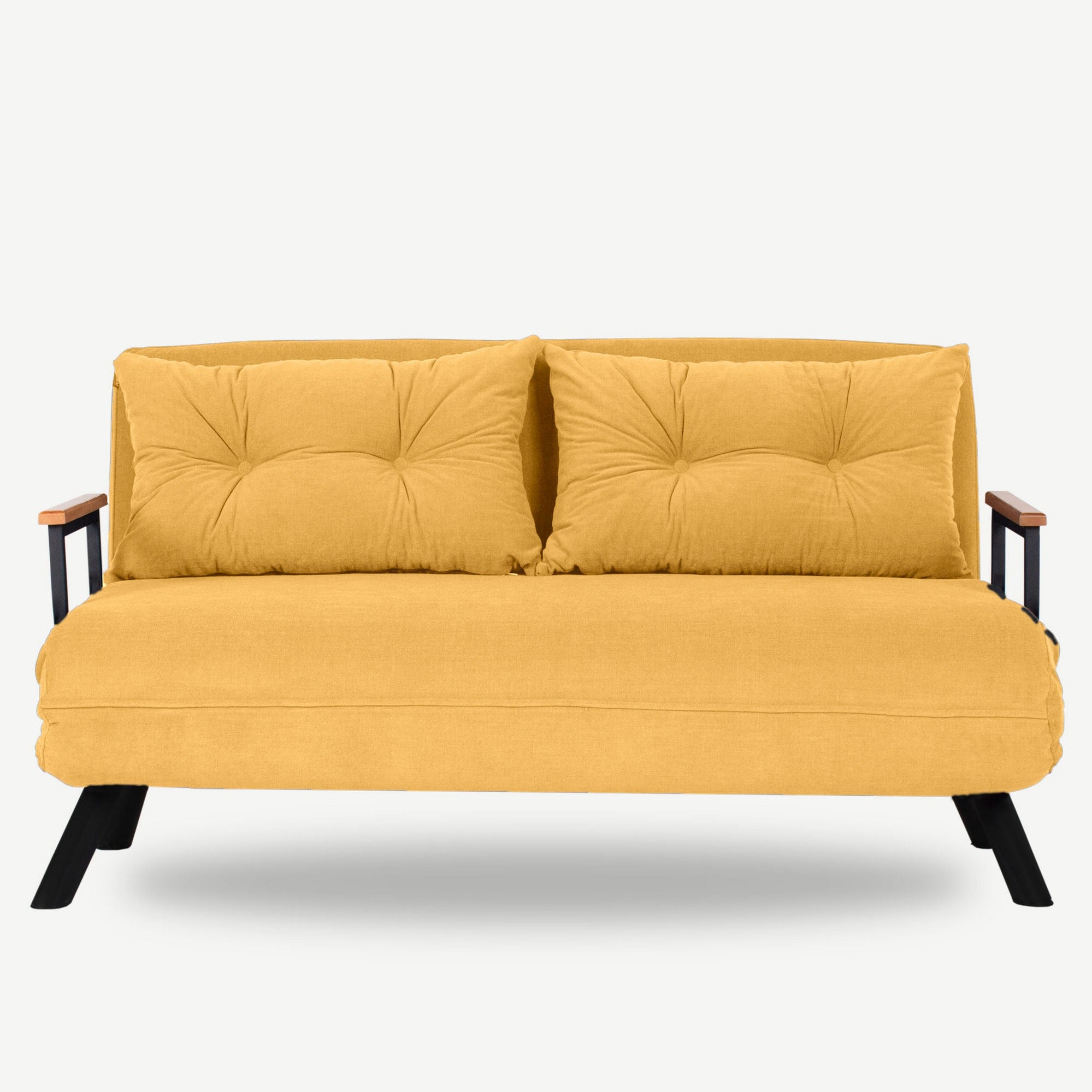 Sofá-cama moderno de 2 lugares, amarelo mostarda, estrutura 100% metálica | Encosto ajustável, fácil conversão, capacidade para 200 kg | Elegante e funcional para casa e hotel