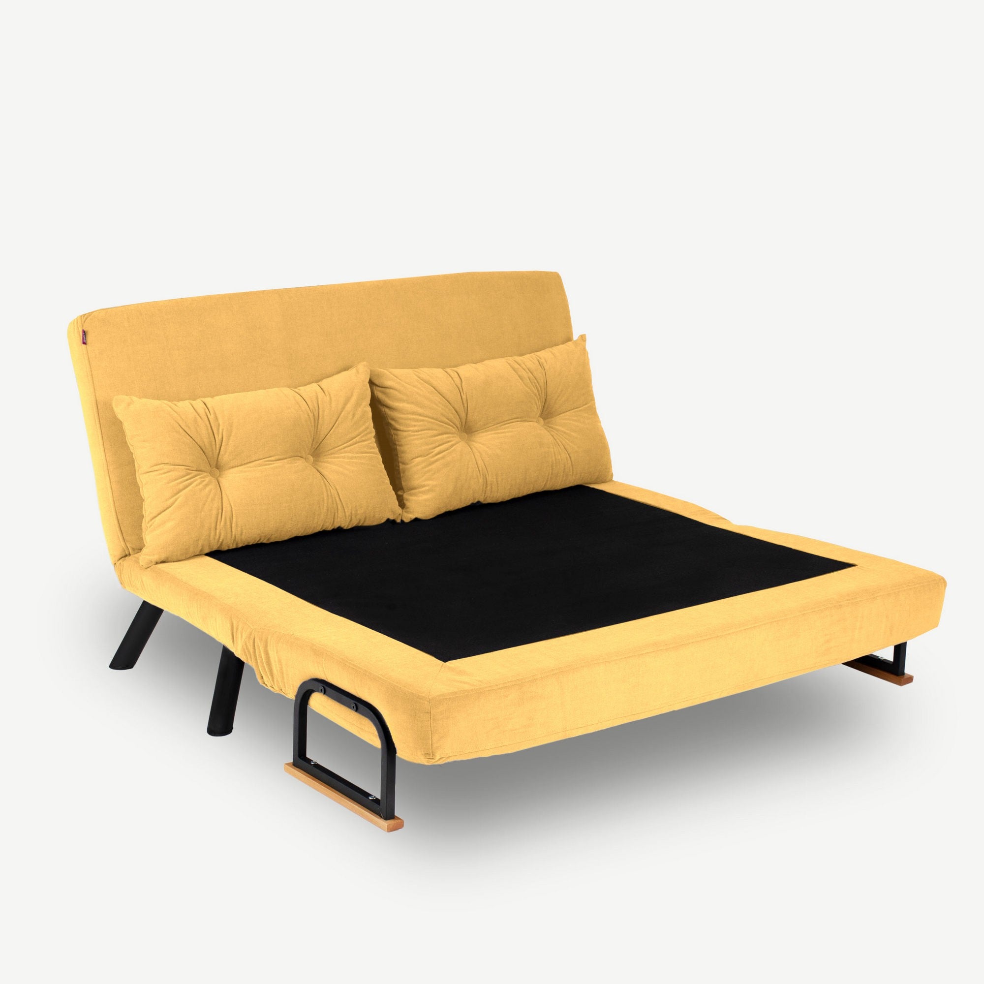 Sofá-cama moderno de 2 lugares, amarelo mostarda, estrutura 100% metálica | Encosto ajustável, fácil conversão, capacidade para 200 kg | Elegante e funcional para casa e hotel
