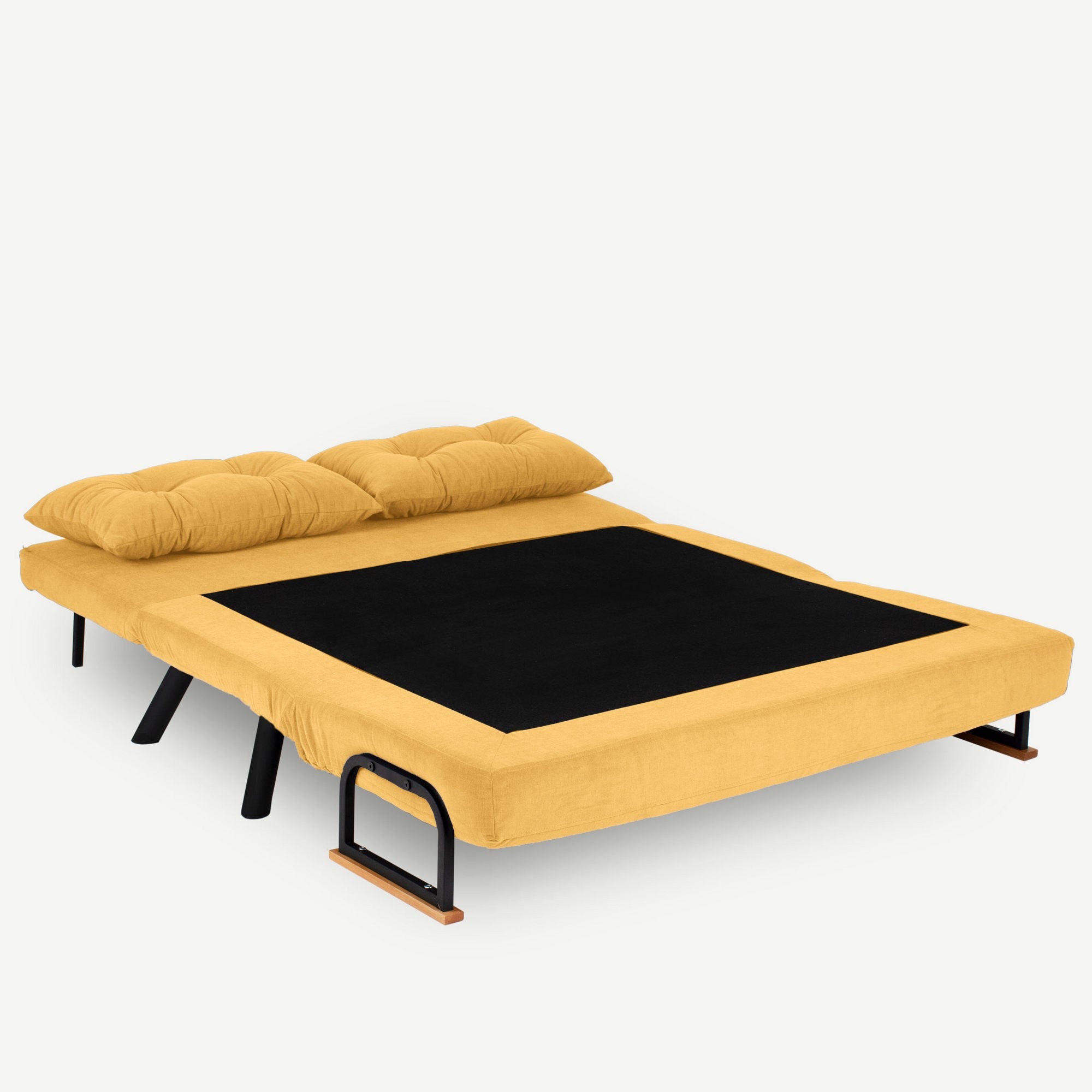 Sofá-cama moderno de 2 lugares, amarelo mostarda, estrutura 100% metálica | Encosto ajustável, fácil conversão, capacidade para 200 kg | Elegante e funcional para casa e hotel