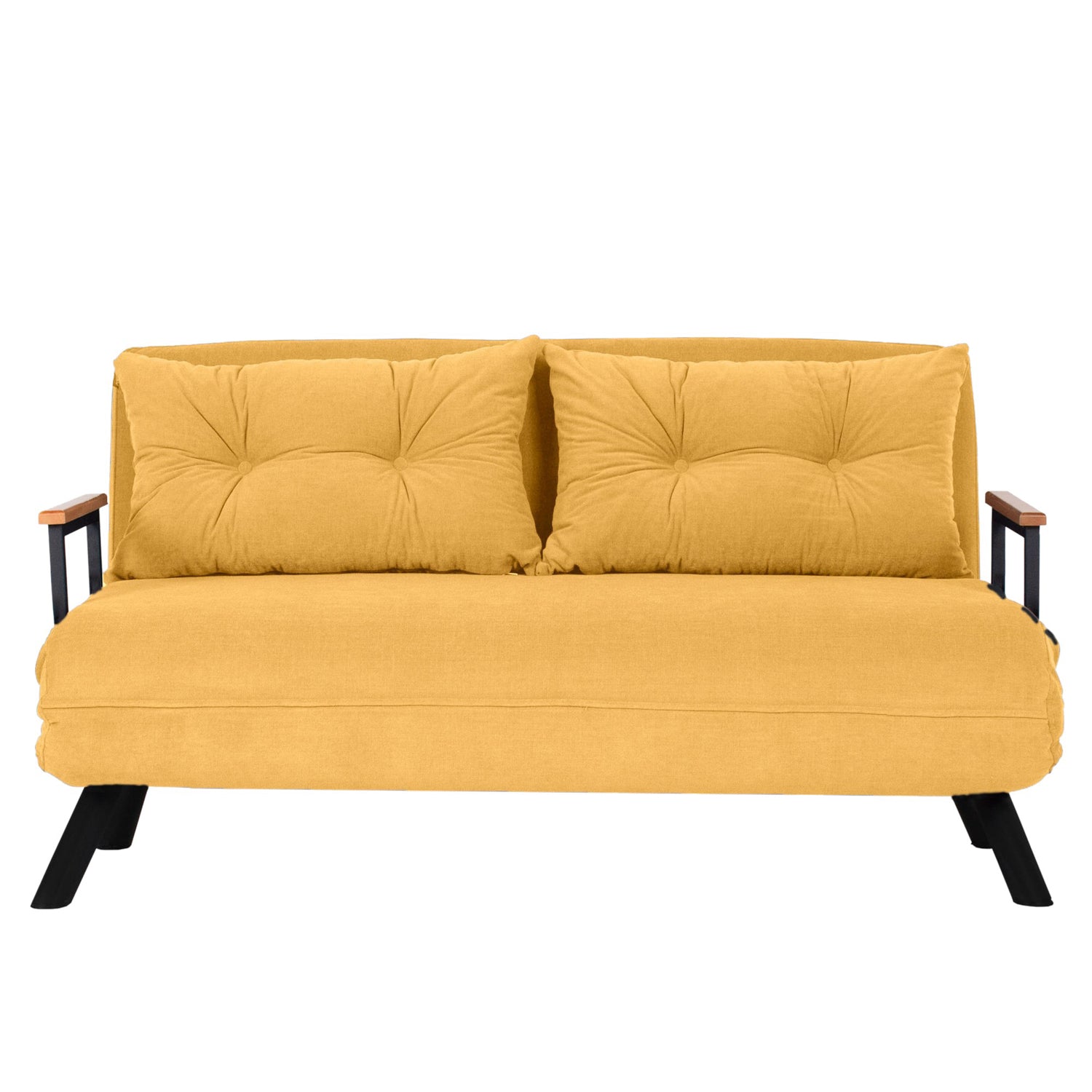 Sofá-cama moderno de 2 lugares, amarelo mostarda, estrutura 100% metálica | Encosto ajustável, fácil conversão, capacidade para 200 kg | Elegante e funcional para casa e hotel