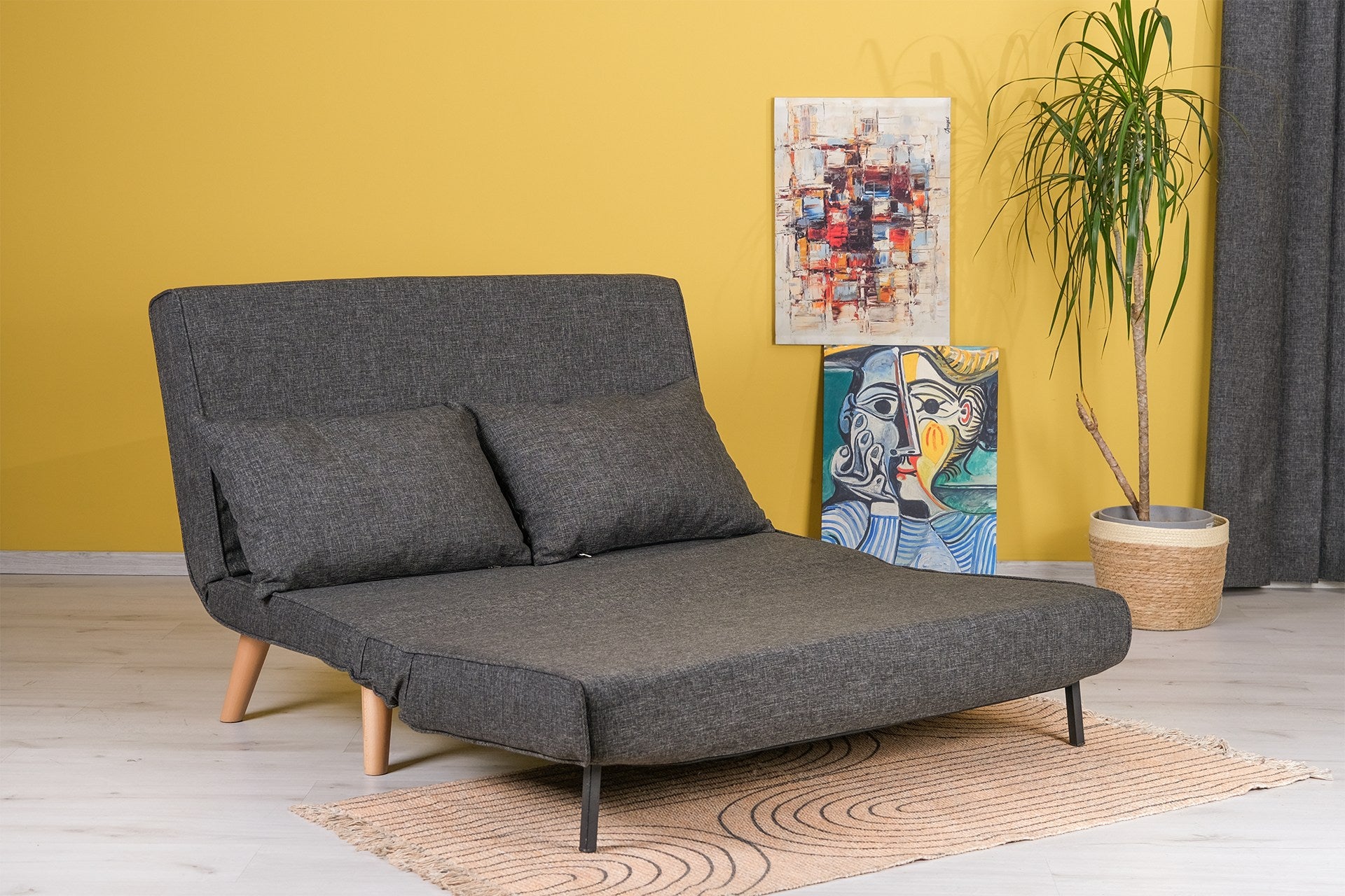 Sofá-cama elegante de 2 lugares, cinza escuro, 120 cm | Estrutura 100% metálica, encosto ajustável, espuma de alto DNS, perfeito para salas de estar modernas e quartos de hóspedes