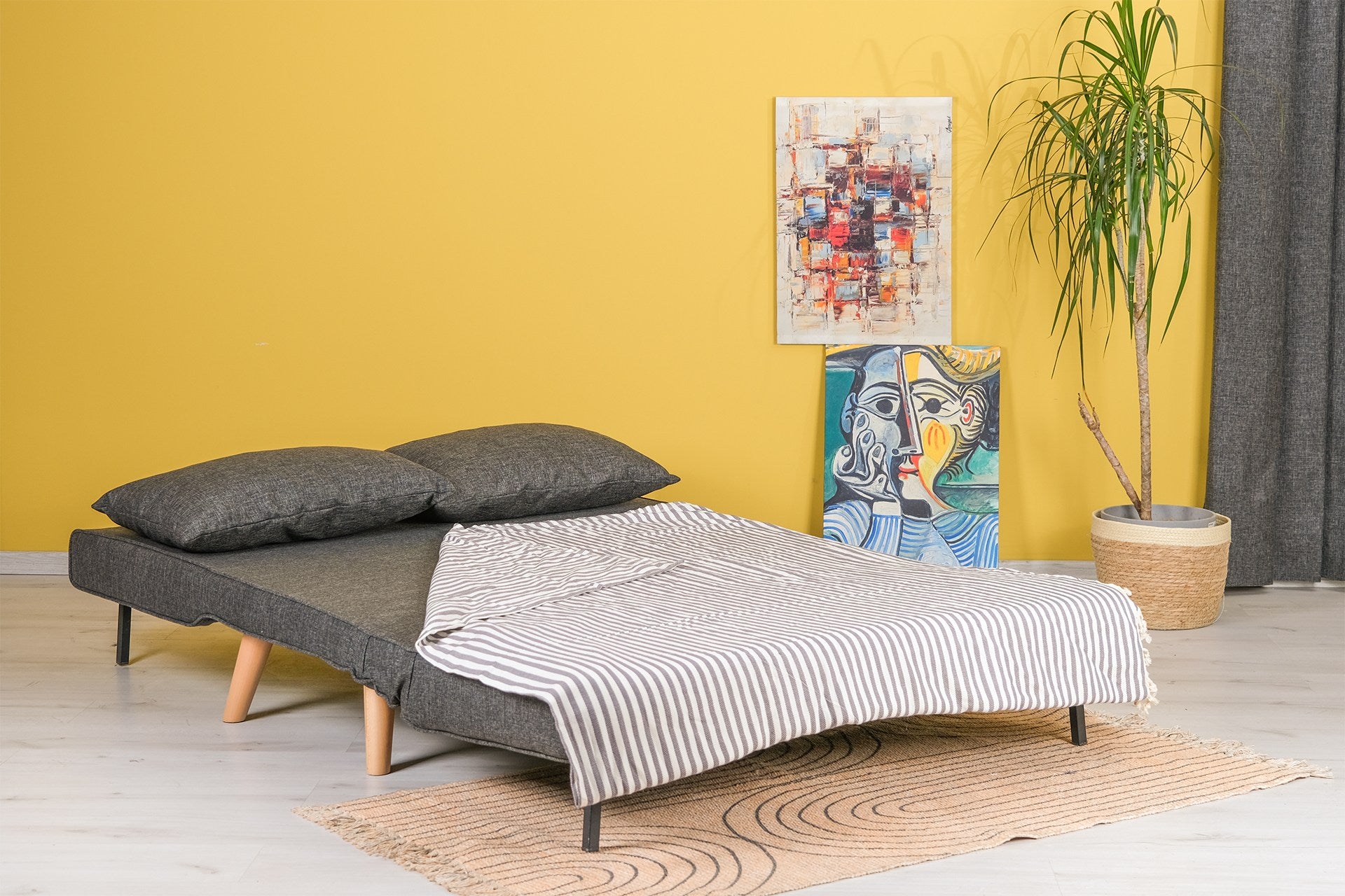 Sofá-cama elegante de 2 lugares, cinza escuro, 120 cm | Estrutura 100% metálica, encosto ajustável, espuma de alto DNS, perfeito para salas de estar modernas e quartos de hóspedes