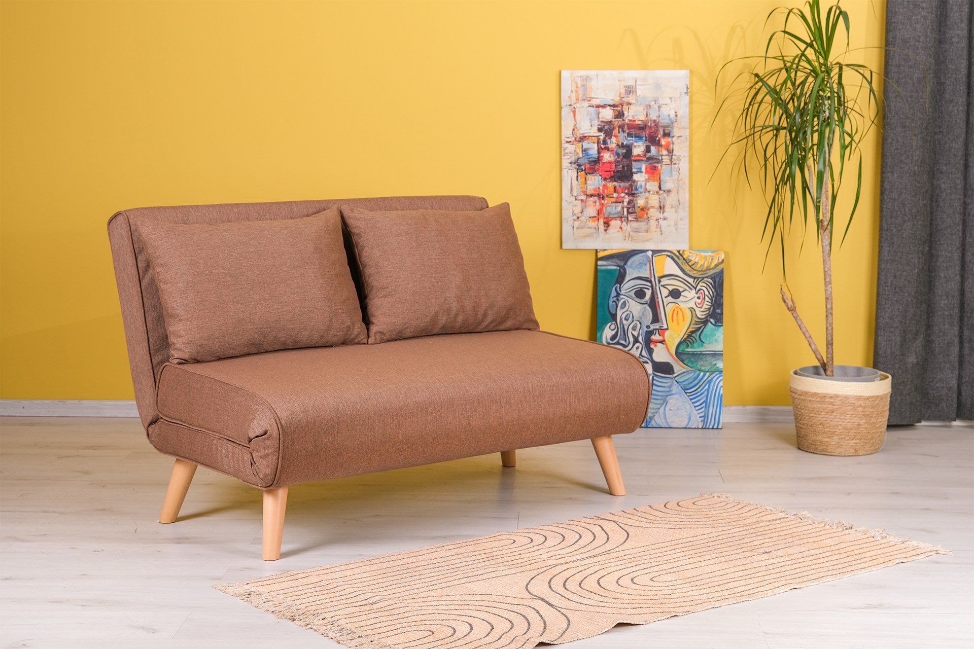 Sofá-cama elegante de 2 lugares, marrom, 120 cm | Estrutura 100% metal, tecido 100% poliéster | Encosto ajustável, espuma de alto DNS, perfeito para espaços modernos