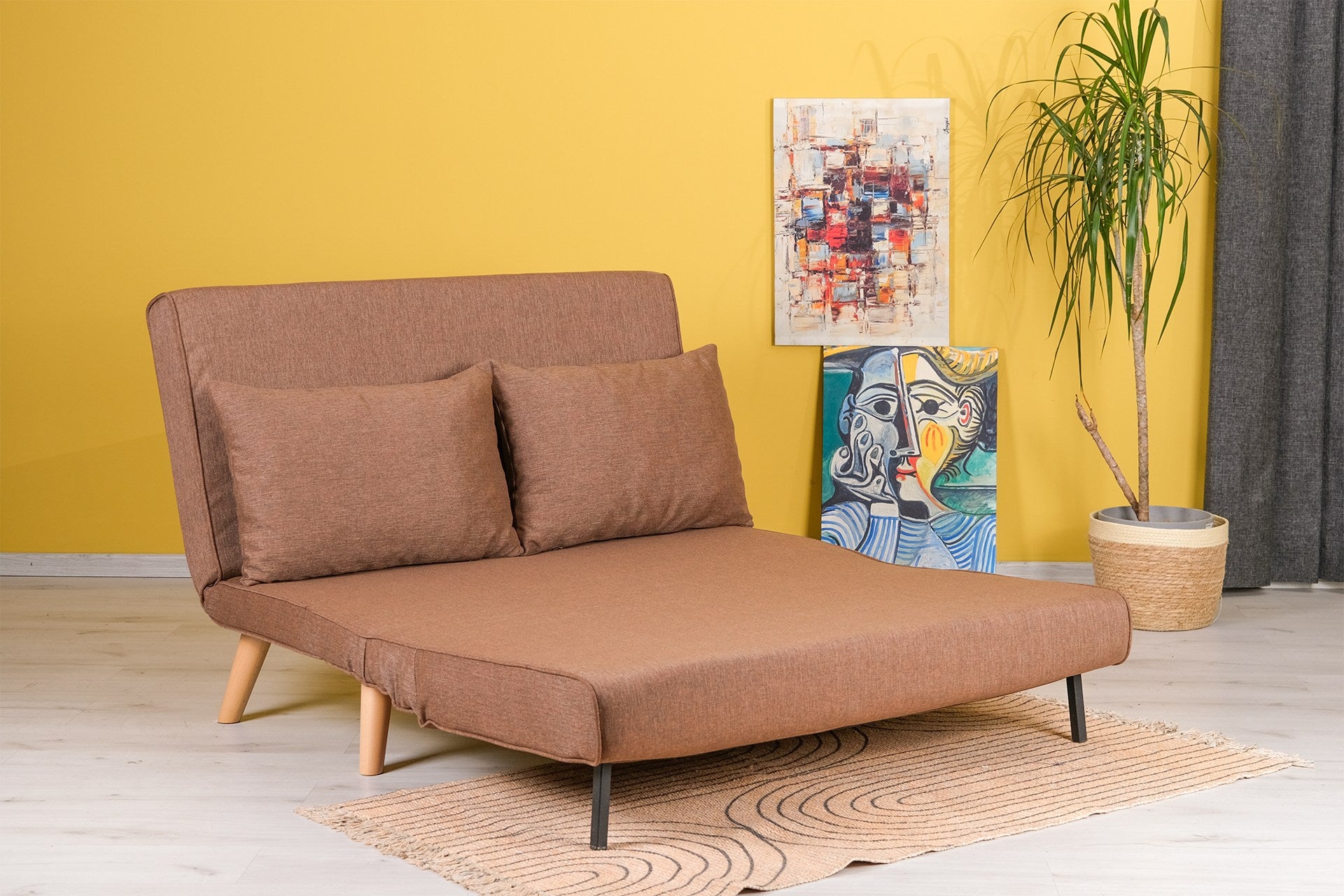 Sofá-cama elegante de 2 lugares, marrom, 120 cm | Estrutura 100% metal, tecido 100% poliéster | Encosto ajustável, espuma de alto DNS, perfeito para espaços modernos