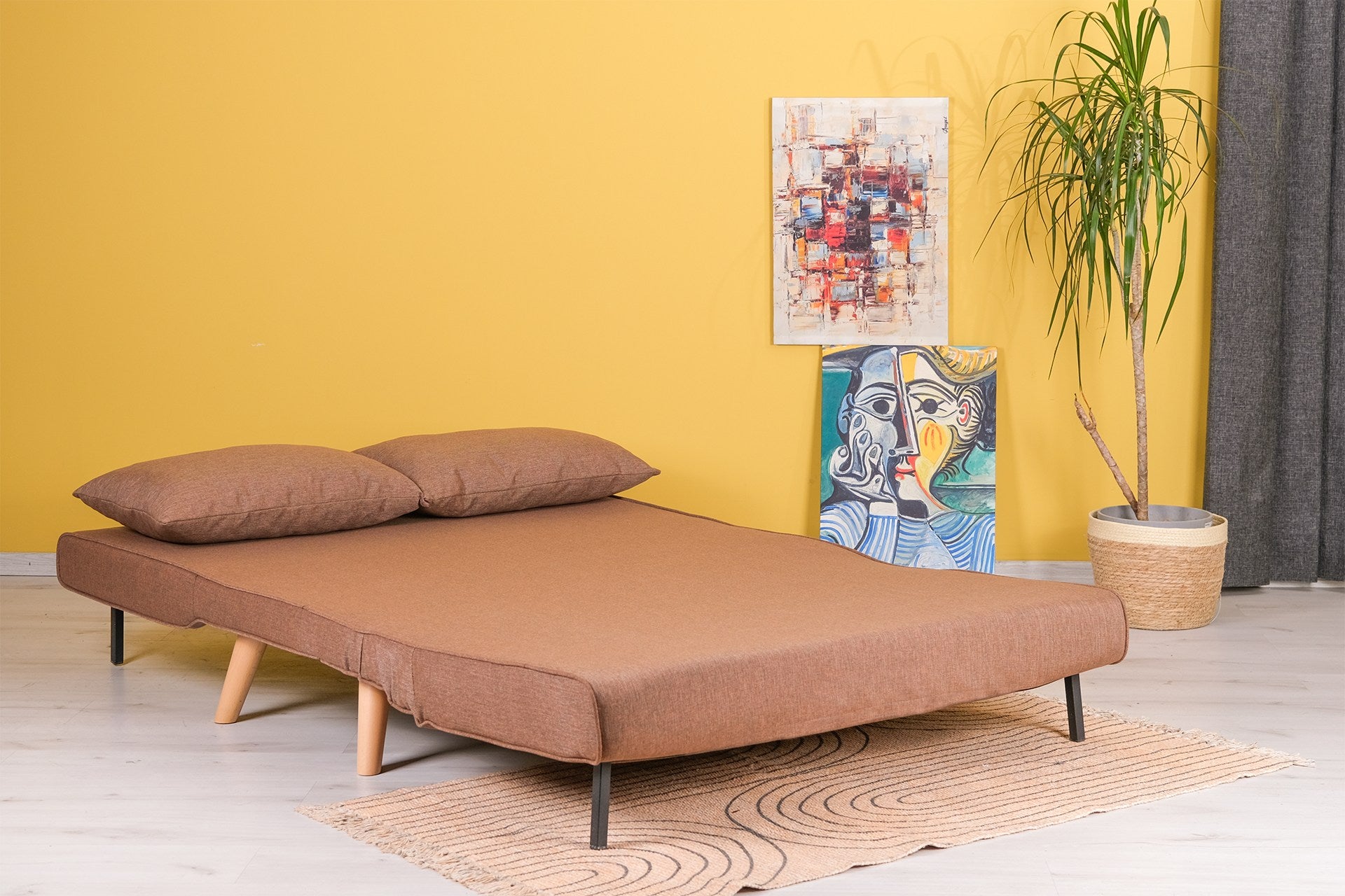 Sofá-cama elegante de 2 lugares, marrom, 120 cm | Estrutura 100% metal, tecido 100% poliéster | Encosto ajustável, espuma de alto DNS, perfeito para espaços modernos