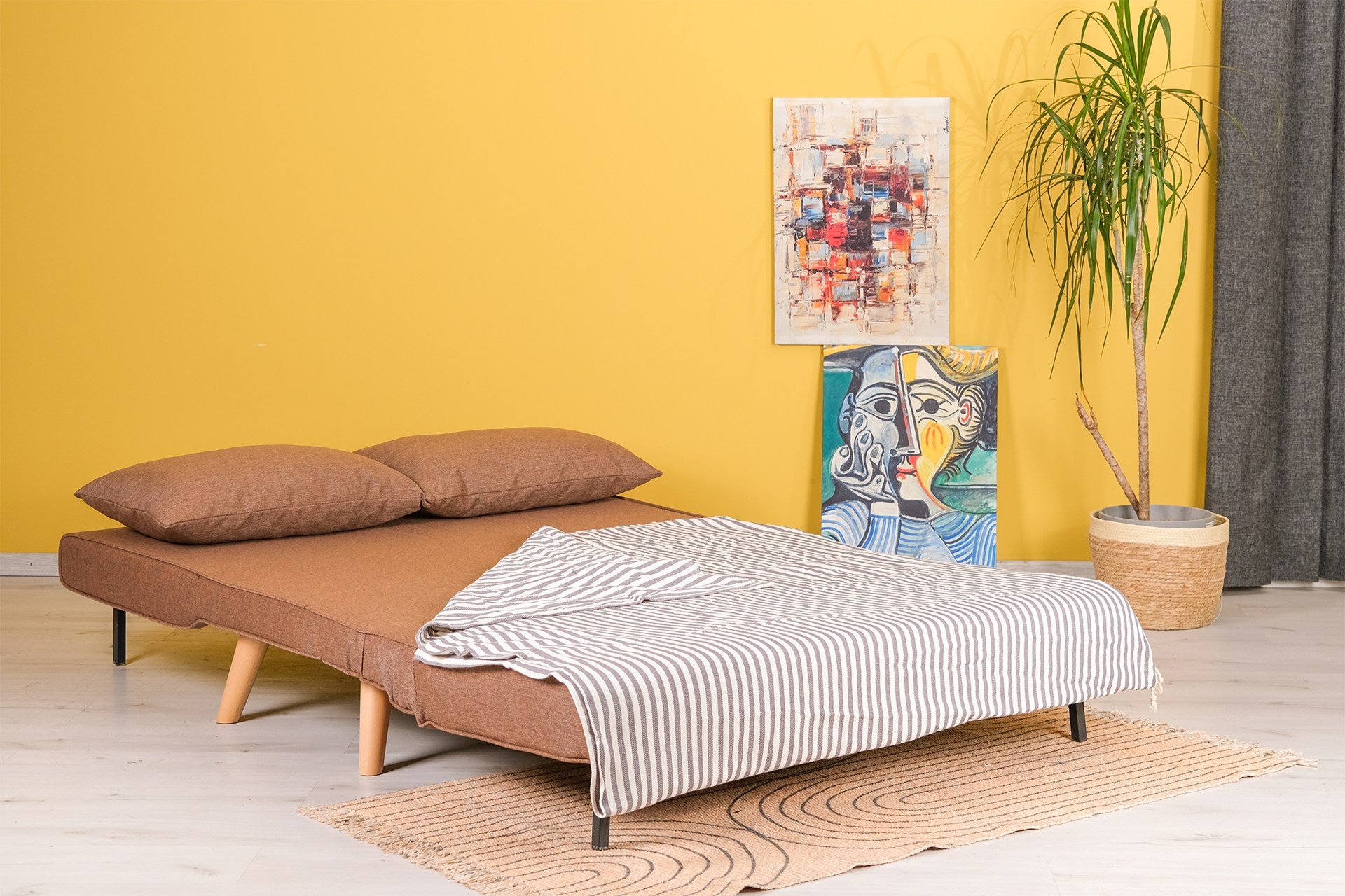 Sofá-cama elegante de 2 lugares, marrom, 120 cm | Estrutura 100% metal, tecido 100% poliéster | Encosto ajustável, espuma de alto DNS, perfeito para espaços modernos