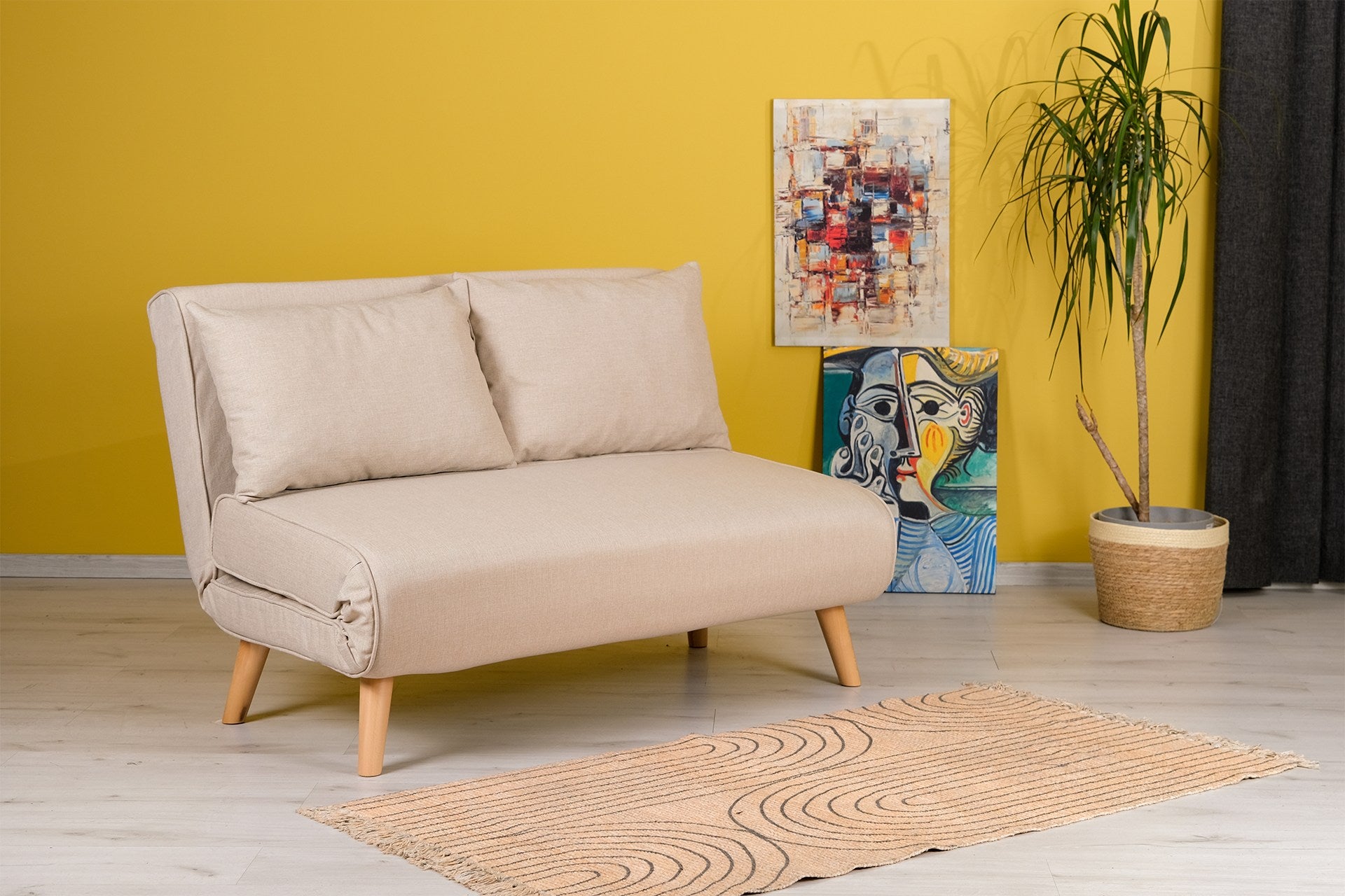 Sofá-cama elegante de 2 lugares, cor creme, 120 cm | Estrutura 100% metálica, encosto ajustável, espuma de alto DNS, perfeito para espaços de convivência modernos
