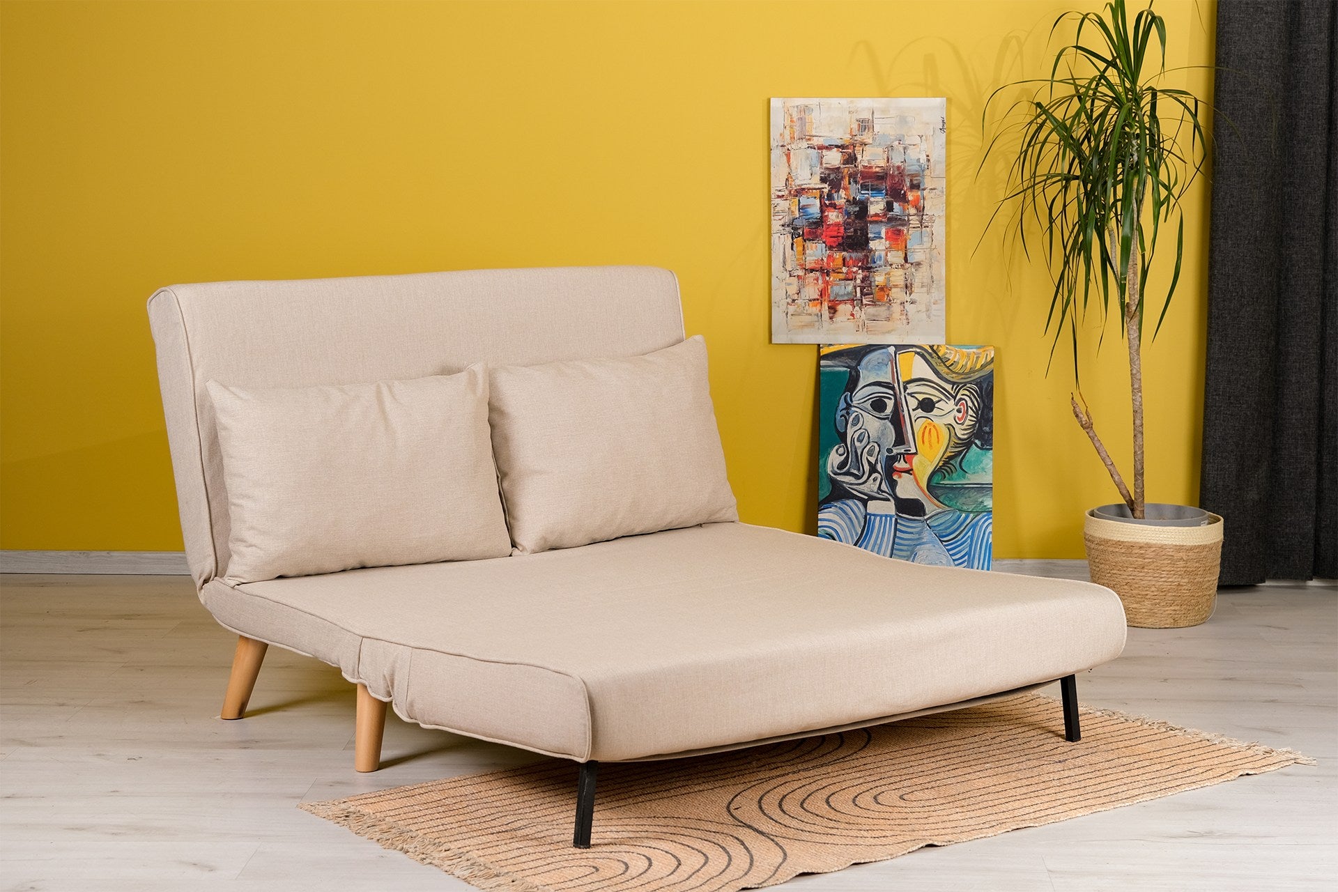 Sofá-cama elegante de 2 lugares, cor creme, 120 cm | Estrutura 100% metálica, encosto ajustável, espuma de alto DNS, perfeito para espaços de convivência modernos