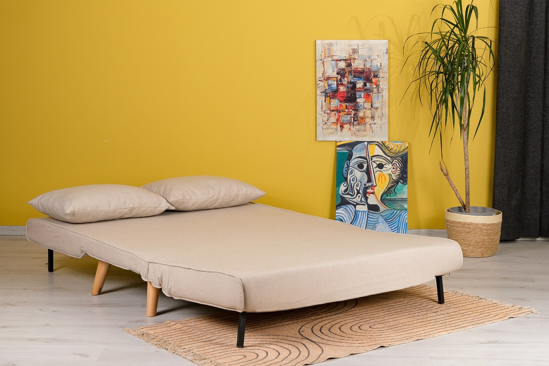 Sofá-cama elegante de 2 lugares, cor creme, 120 cm | Estrutura 100% metálica, encosto ajustável, espuma de alto DNS, perfeito para espaços de convivência modernos
