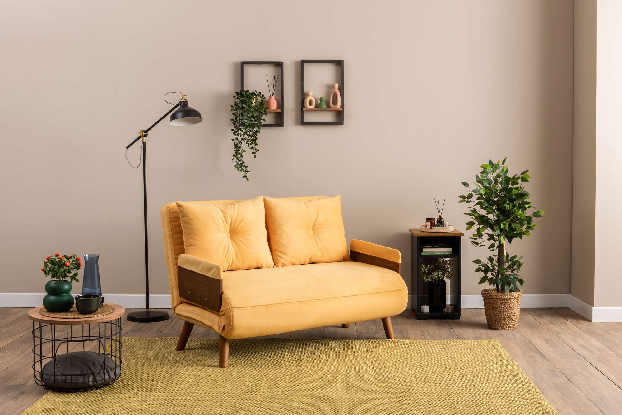 Sofá-cama moderno de 2 lugares, mostarda, 78 x 120 x 82 cm | Estrutura 100% metálica, encosto ajustável em 14 níveis | Elegante e funcional para sala de estar e quarto de hóspedes