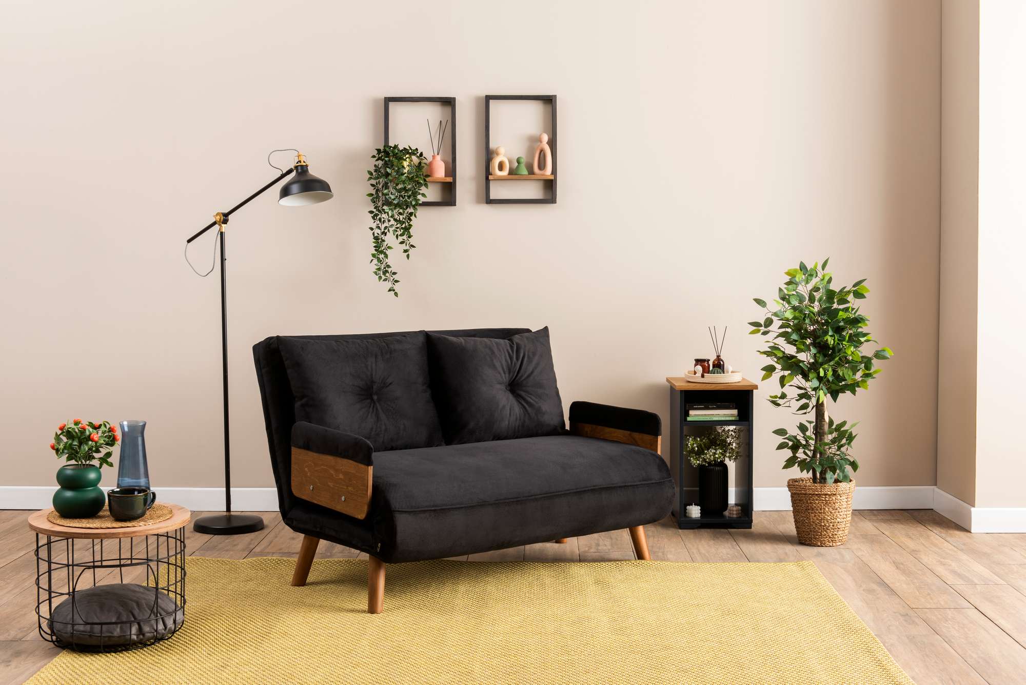 Sofá-cama moderno de 2 lugares, preto, 78 x 120 x 82 cm | Estrutura 100% metálica e tecido de poliéster | Encosto ajustável em 14 níveis | Perfeito para espaços pequenos