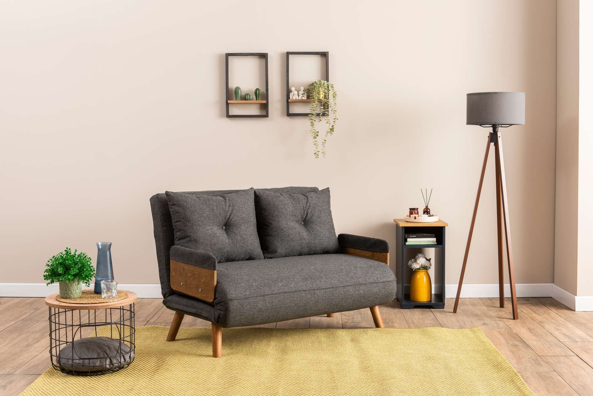 Sofá-cama moderno de 2 lugares, cinza escuro, 78 x 120 x 82 cm | Estrutura 100% metálica, encosto ajustável em 14 níveis | Perfeito para espaços pequenos e quartos de hóspedes