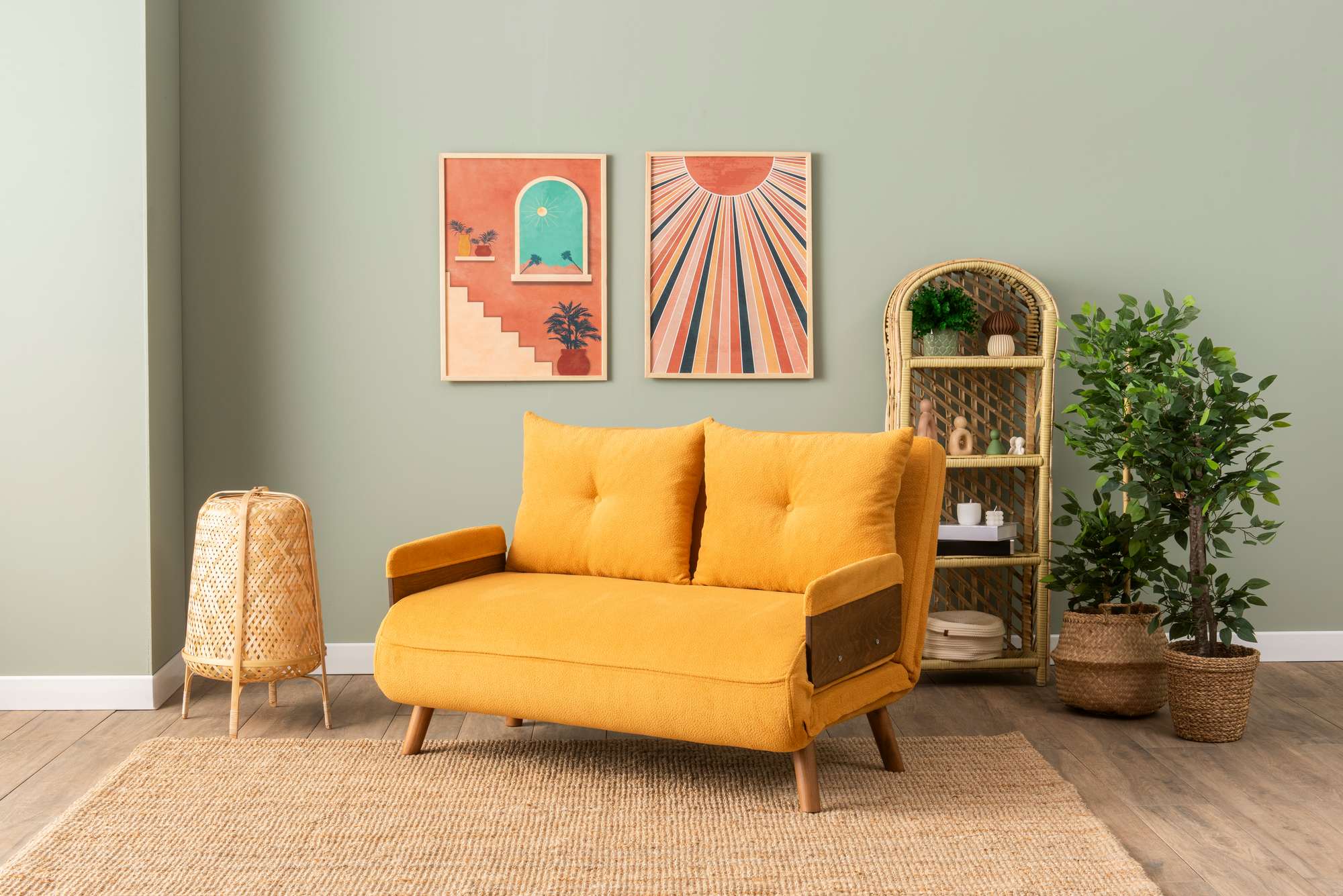 Sofá-cama moderno de 2 lugares, mostarda, 78 x 120 x 82 cm | Estrutura 100% metálica, encosto ajustável em 14 níveis | Elegante e funcional para sala de estar e quarto de hóspedes