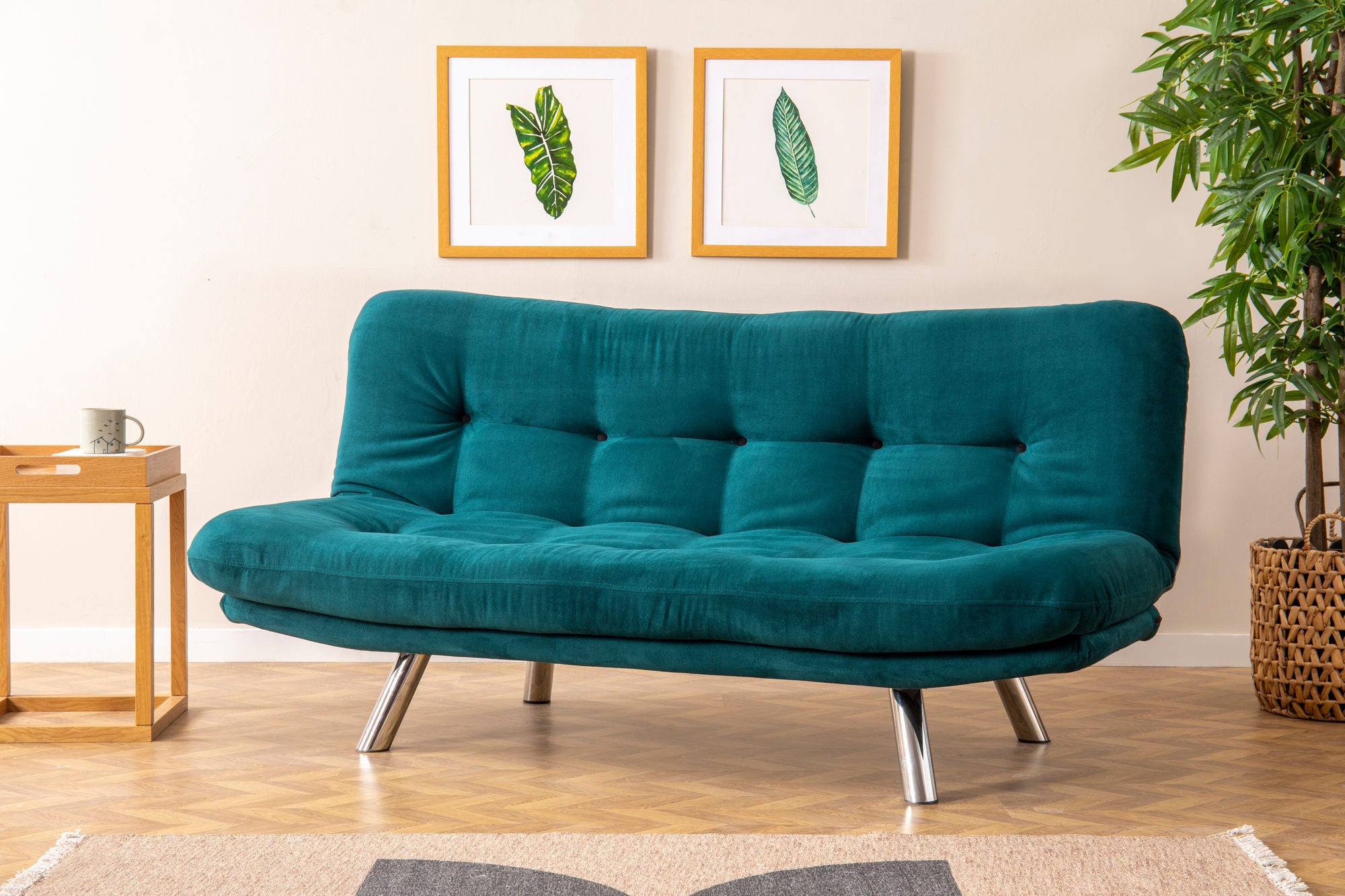 Sofá-cama de 3 lugares, verde-petróleo, estrutura 100% metálica, tecido fácil de limpar | Encosto multiposições, capacidade para 200 kg, perfeito para espaços modernos
