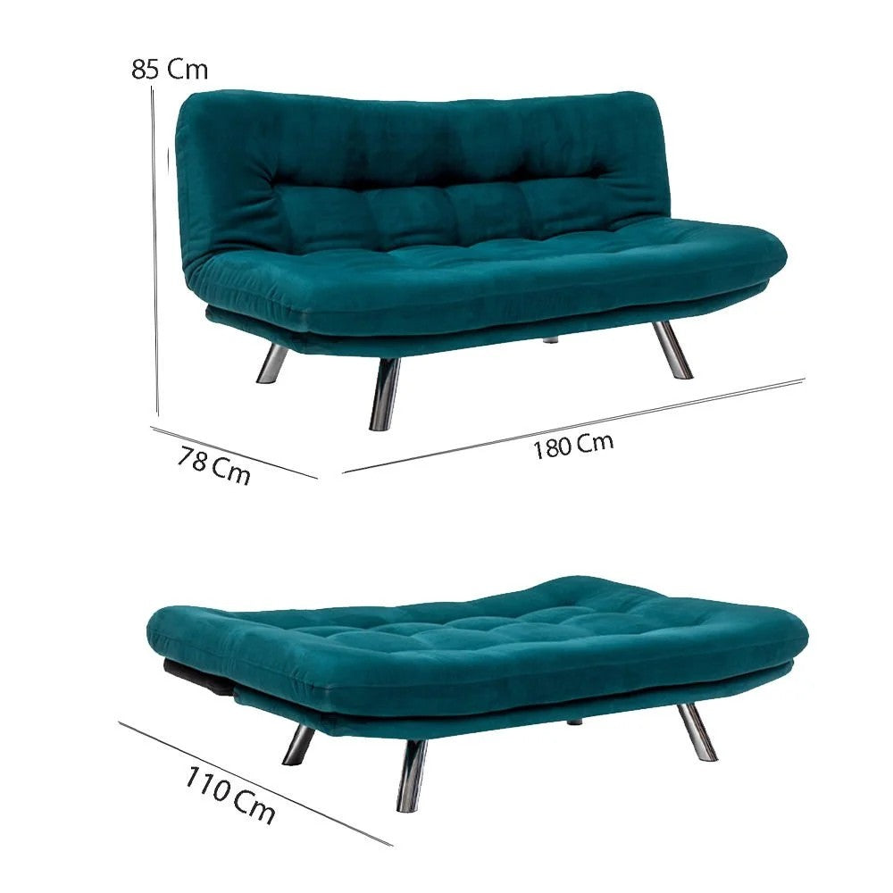 Sofá-cama de 3 lugares, verde-petróleo, estrutura 100% metálica, tecido fácil de limpar | Encosto multiposições, capacidade para 200 kg, perfeito para espaços modernos