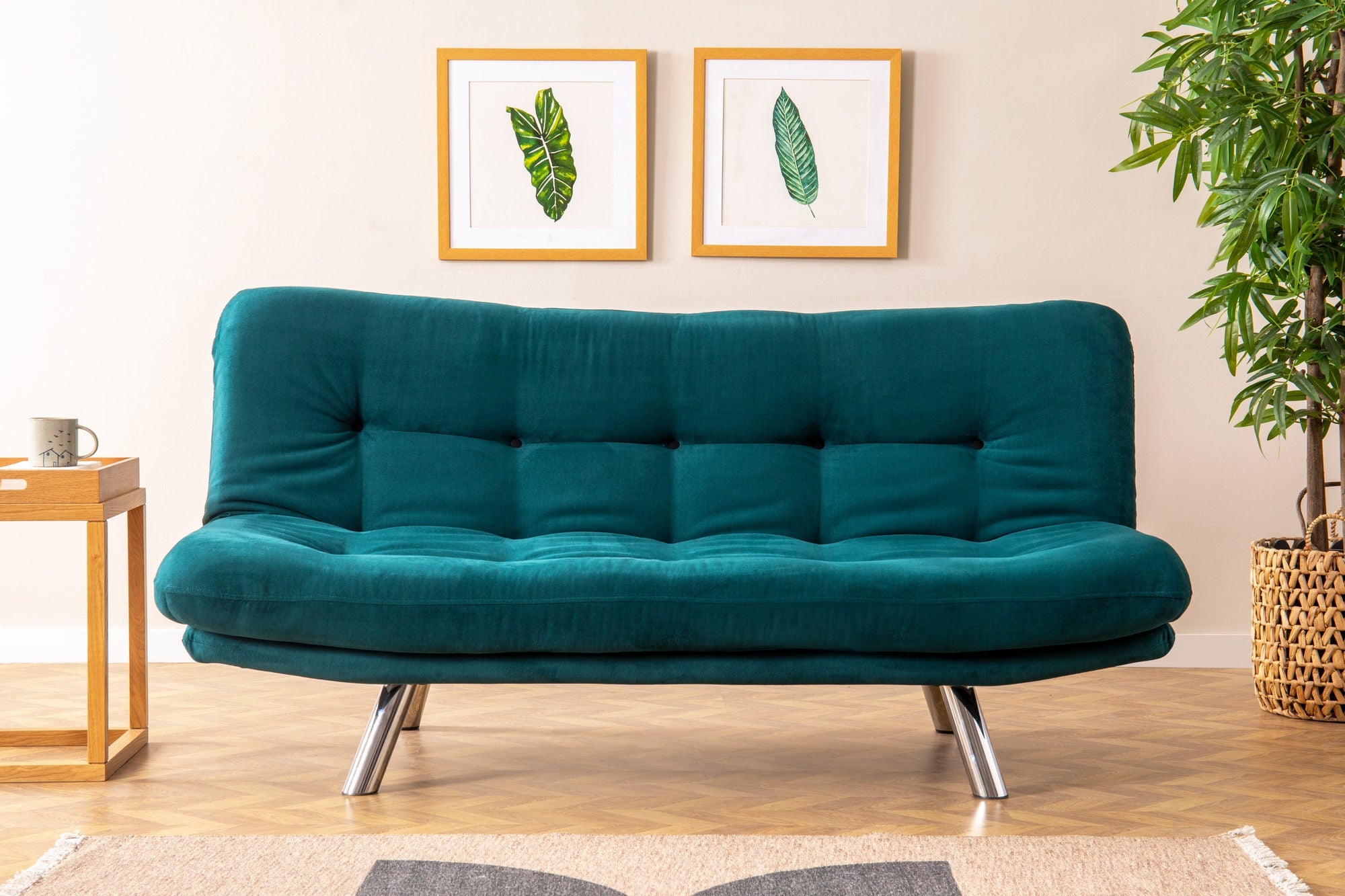 Sofá-cama de 3 lugares, verde-petróleo, estrutura 100% metálica, tecido fácil de limpar | Encosto multiposições, capacidade para 200 kg, perfeito para espaços modernos