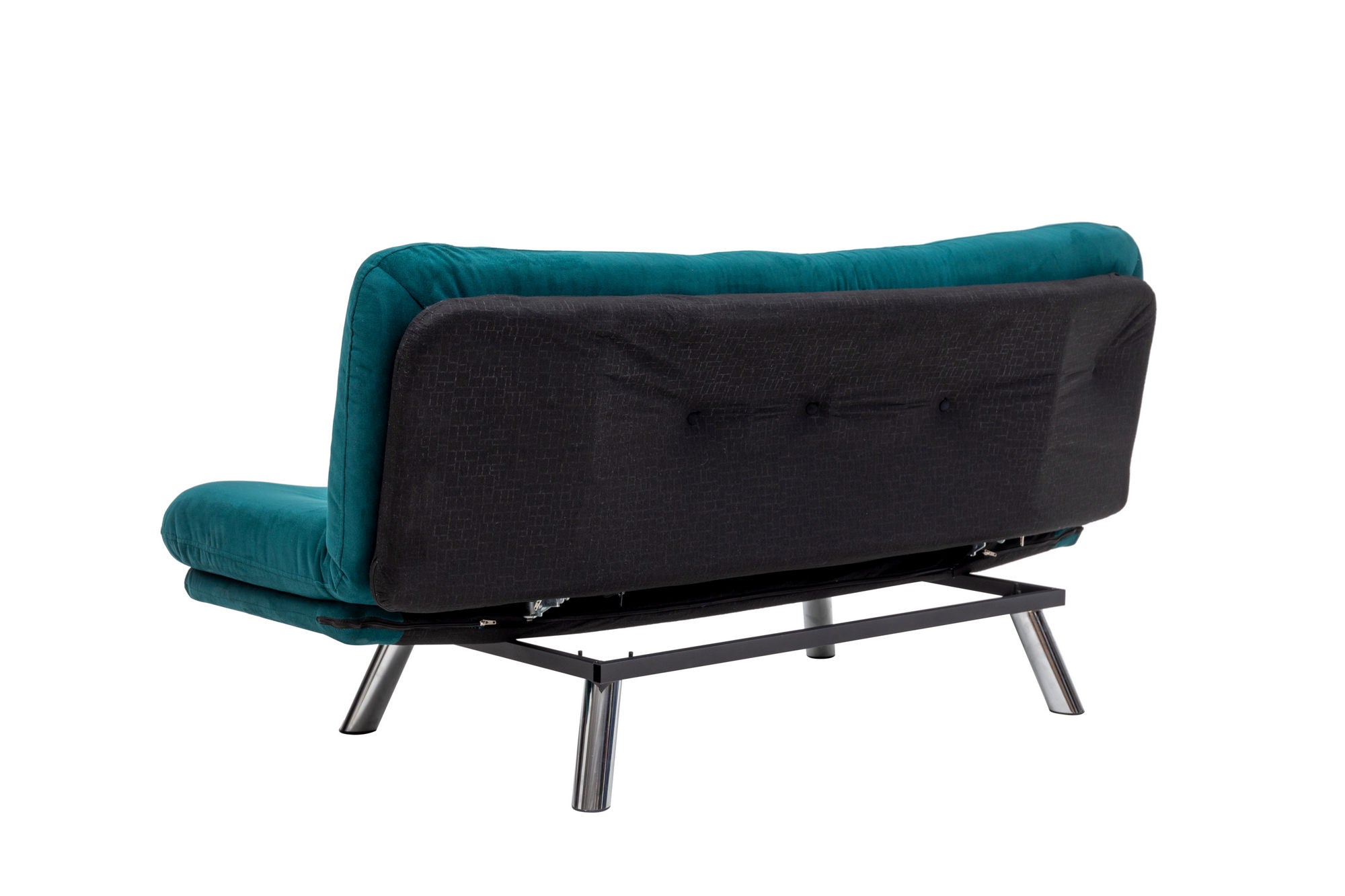Sofá-cama de 3 lugares, verde-petróleo, estrutura 100% metálica, tecido fácil de limpar | Encosto multiposições, capacidade para 200 kg, perfeito para espaços modernos