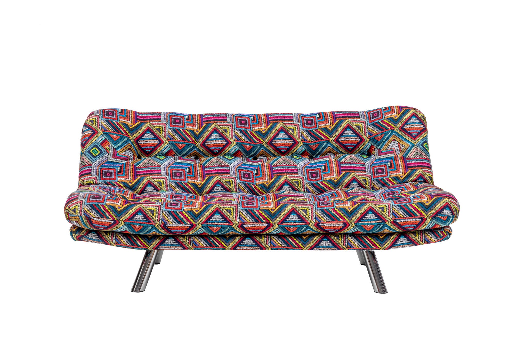 Sofá-cama versátil de 3 lugares, estrutura 100% metálica, tecido macio e fácil de limpar | Encosto multiposições, capacidade para 200 kg | Design boêmio em patchwork, perfeito para entretenimento