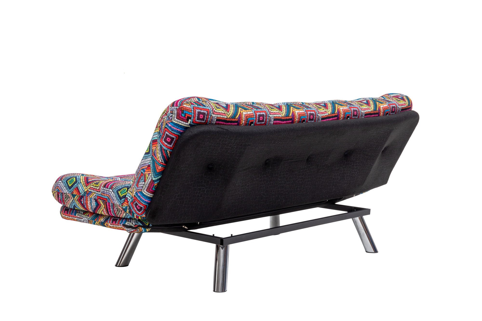 Sofá-cama versátil de 3 lugares, estrutura 100% metálica, tecido macio e fácil de limpar | Encosto multiposições, capacidade para 200 kg | Design boêmio em patchwork, perfeito para entretenimento