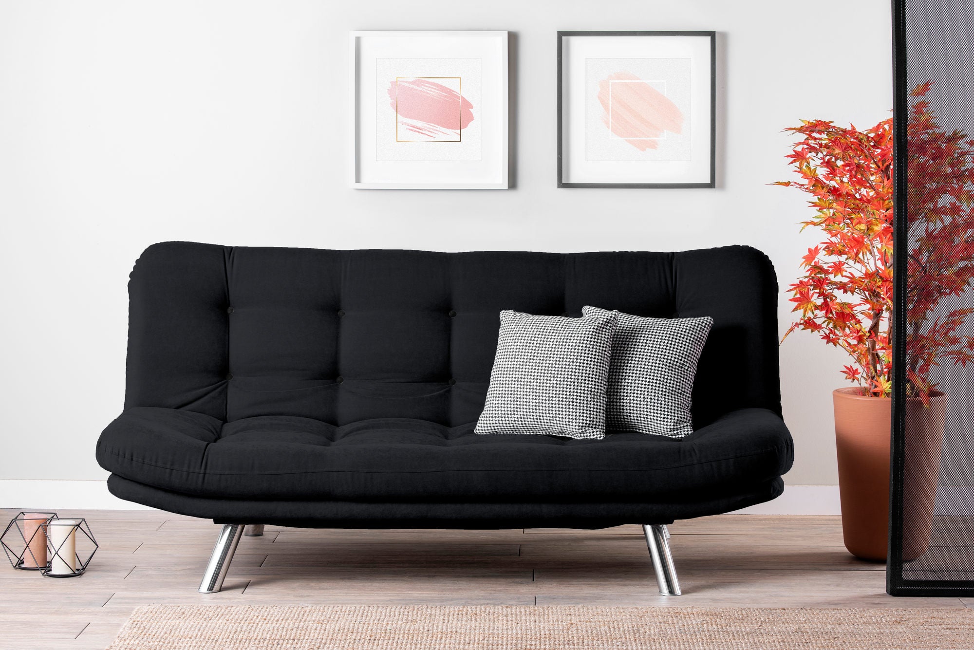 Sofá-cama elegante de 3 lugares, preto, 200 cm | Estrutura 100% metálica, tecido de poliéster fácil de limpar | Capacidade de 300 kg, perfeito para espaços de convivência modernos