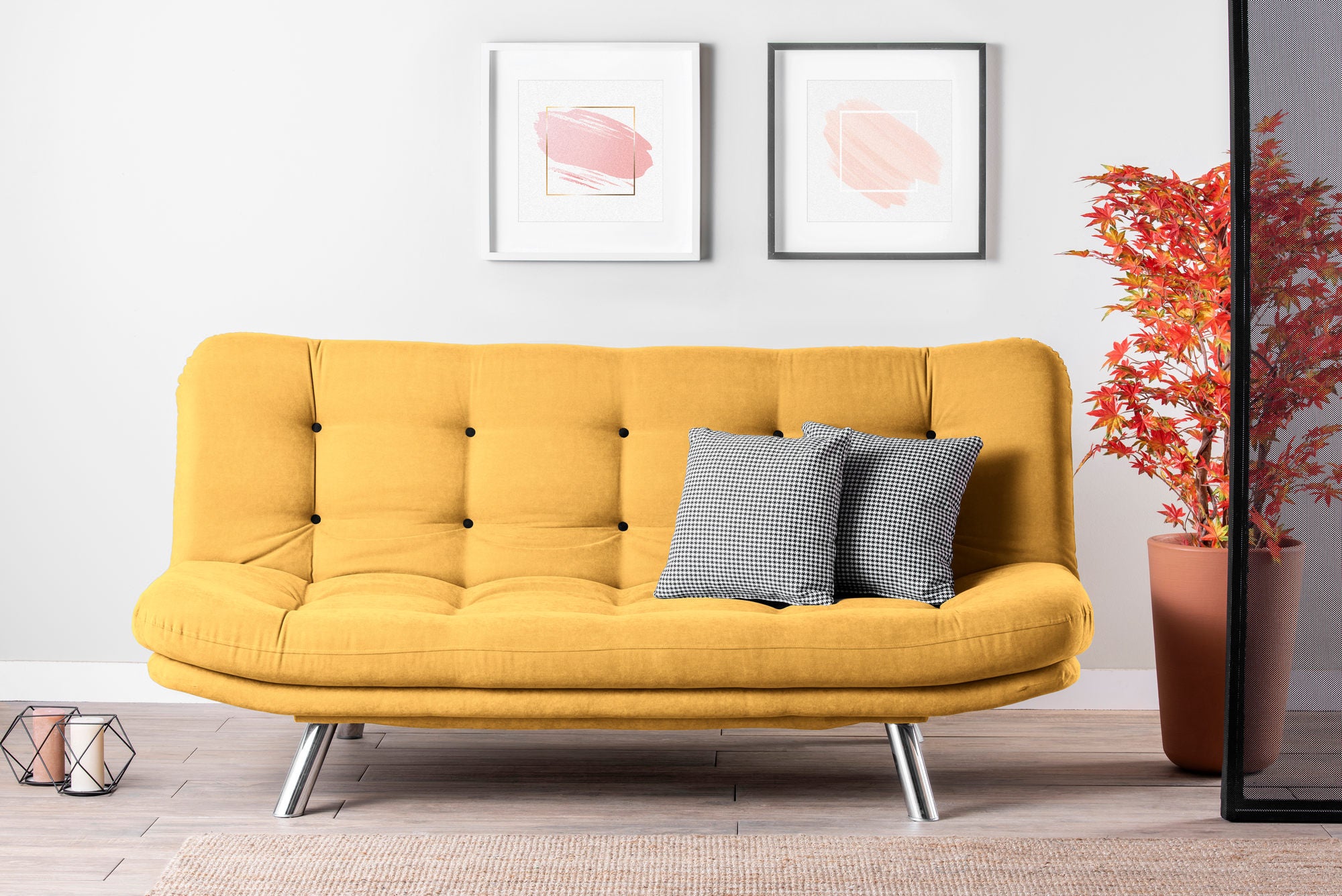 Sofá-cama moderno de 3 lugares, amarelo mostarda, 200 cm | Estrutura 100% metálica, poliéster fácil de limpar, capacidade de 300 kg | Elegante e funcional para qualquer espaço