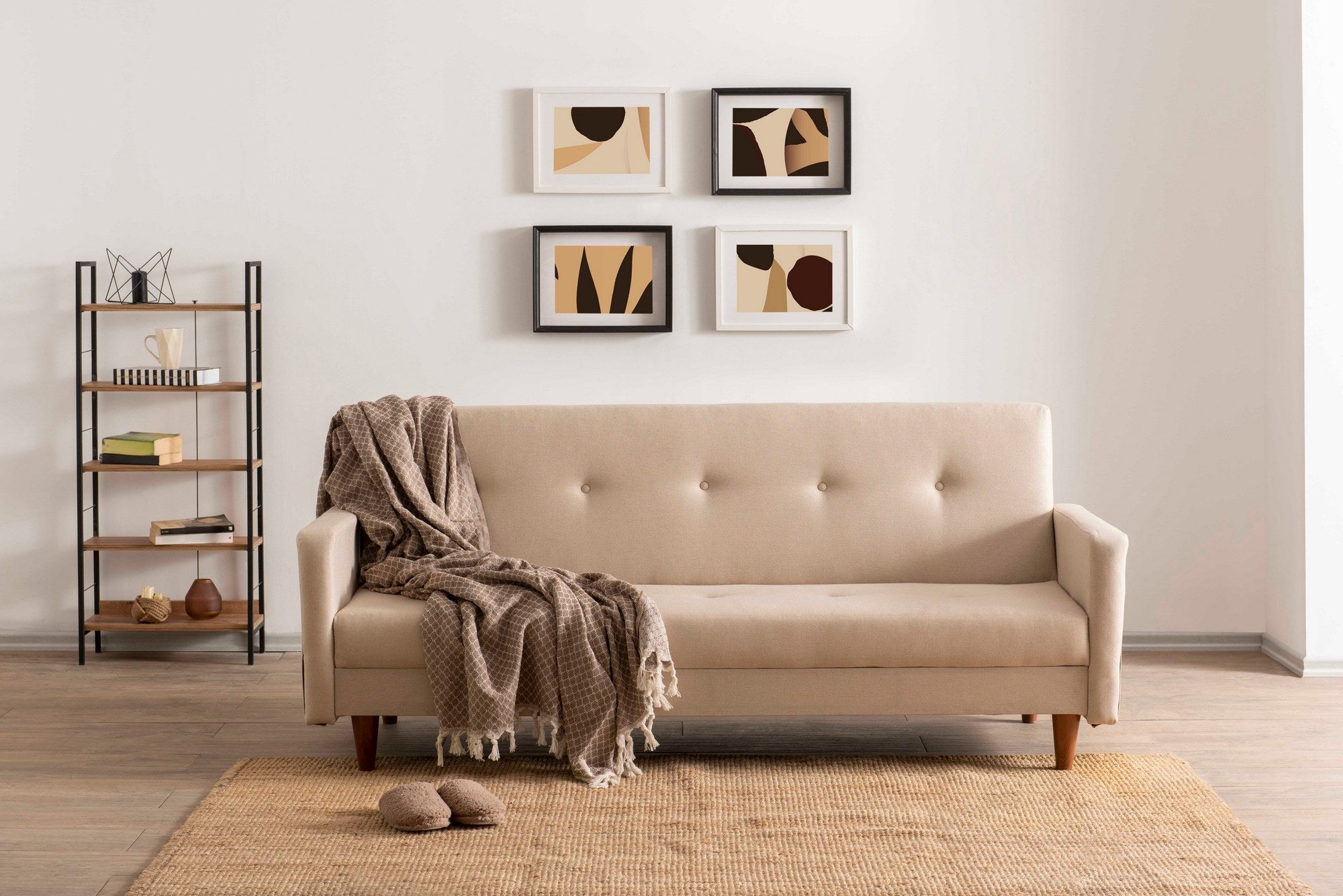 Sofá-cama elegante de 3 lugares, creme, 200 cm | Estrutura 100% metálica, tecido de poliéster lavável, espuma de dureza média | Perfeito para sala de estar e quarto de hóspedes