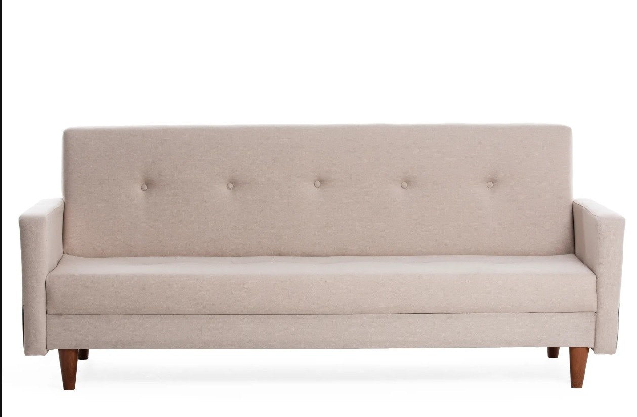 Sofá-cama elegante de 3 lugares, creme, 200 cm | Estrutura 100% metálica, tecido de poliéster lavável, espuma de dureza média | Perfeito para sala de estar e quarto de hóspedes