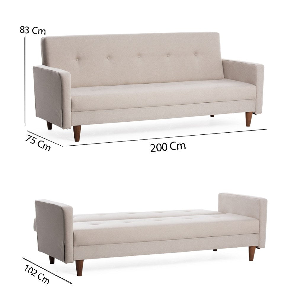 Sofá-cama elegante de 3 lugares, creme, 200 cm | Estrutura 100% metálica, tecido de poliéster lavável, espuma de dureza média | Perfeito para sala de estar e quarto de hóspedes