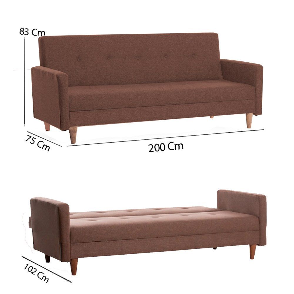 Sofá-cama elegante de 3 lugares, marrom, 200 cm | Estrutura 100% metálica, tecido de poliéster lavável, espuma de dureza média | Converte-se em cama de 180 x 102 cm, design moderno