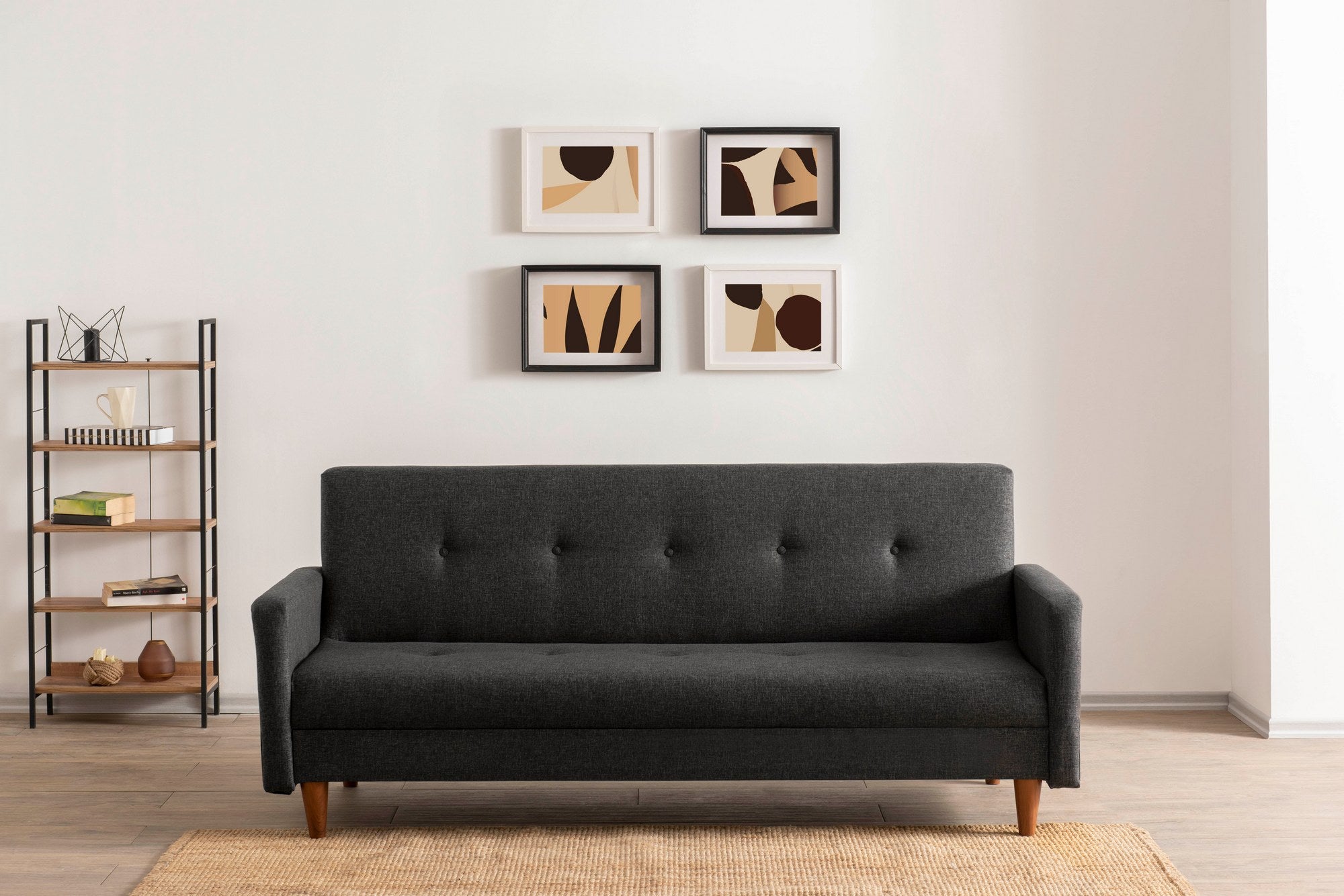 Sofá-cama elegante de 3 lugares, cinza escuro, 200 cm | Estrutura 100% metálica, tecido de poliéster lavável | Converte-se em cama (180 x 102 cm) | Conforto médio rígido
