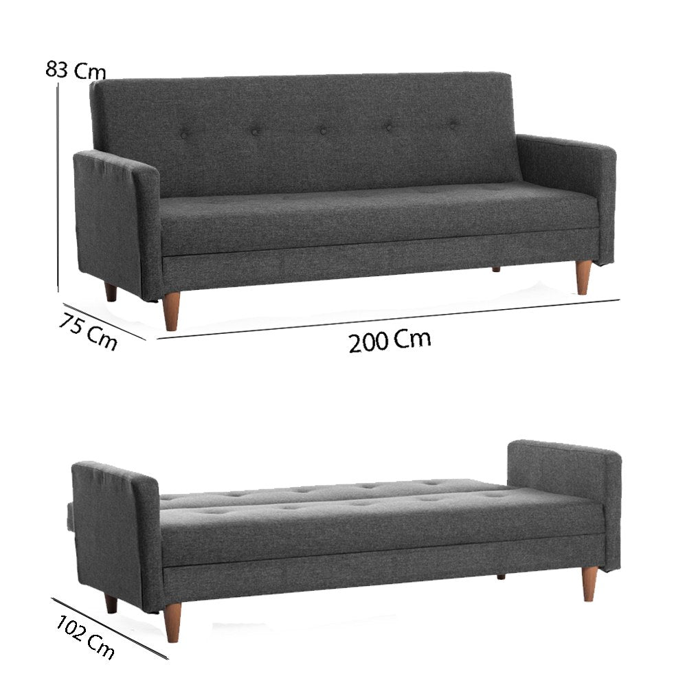 Sofá-cama elegante de 3 lugares, cinza escuro, 200 cm | Estrutura 100% metálica, tecido de poliéster lavável | Converte-se em cama (180 x 102 cm) | Conforto médio rígido