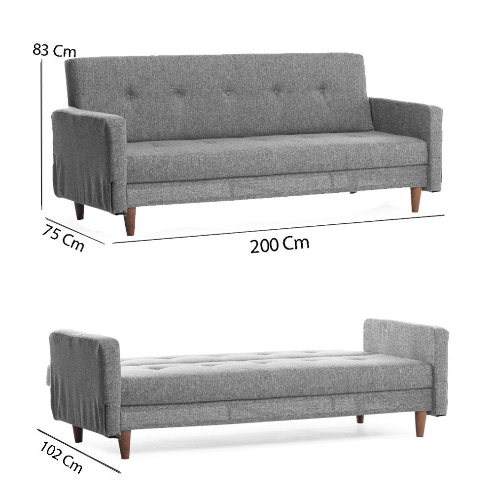 Sofá-cama cinza claro de 3 lugares, estrutura 100% metálica, 200 cm de largura, tamanho da cama 180 x 102 cm | Espuma média-dura, tecido lavável, design elegante e funcional