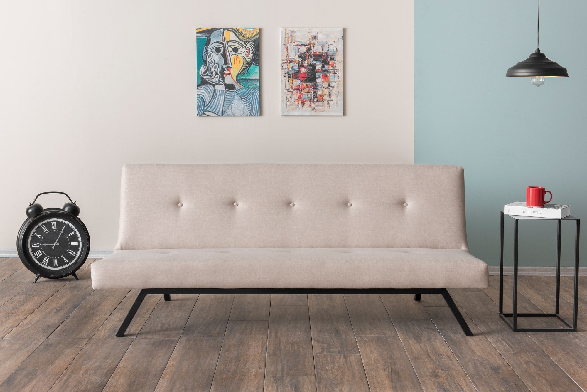 Sofá-cama elegante de 3 lugares, cor creme, 180 x 102 cm | Estrutura 100% metálica, tecido de poliéster lavável, espuma de dureza média | Perfeito para espaços modernos