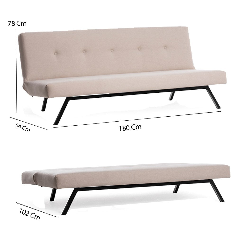 Sofá-cama elegante de 3 lugares, cor creme, 180 x 102 cm | Estrutura 100% metálica, tecido de poliéster lavável, espuma de dureza média | Perfeito para espaços modernos