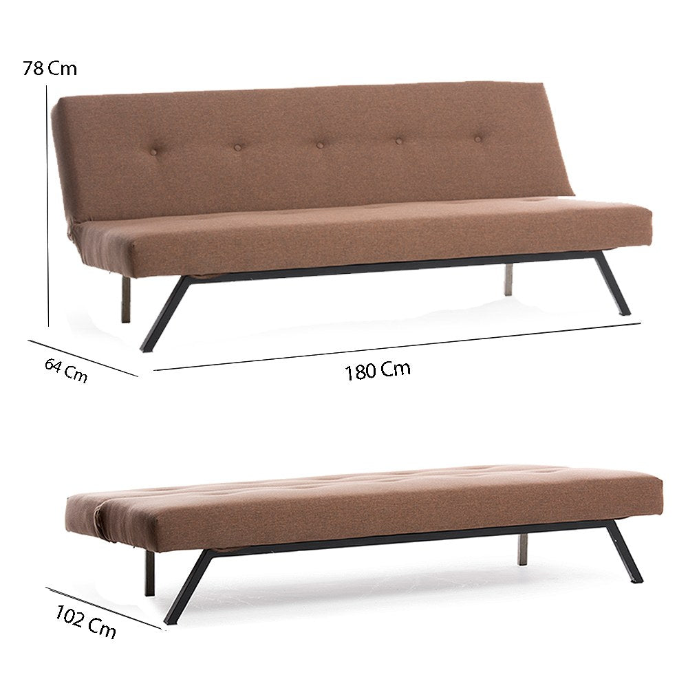 Sofá-cama elegante de 3 lugares, marrom, 180 x 102 cm | Estrutura 100% metálica, tecido de poliéster lavável, espuma de dureza média | Perfeito para espaços modernos