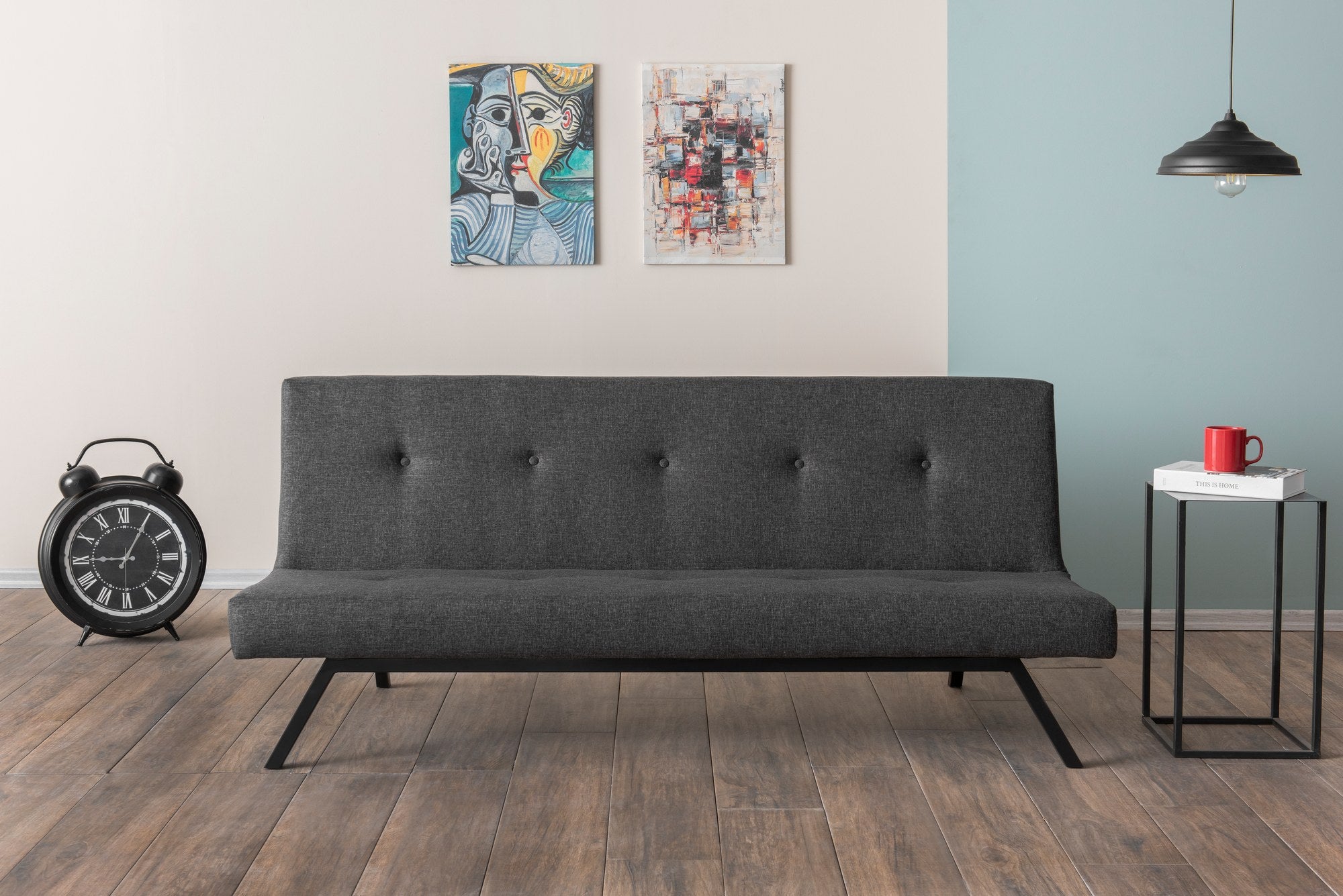Sofá-cama elegante de 3 lugares, cinza escuro, 180 x 102 cm | Estrutura 100% metálica, tecido de poliéster lavável, espuma de dureza média | Perfeito para espaços de convivência modernos