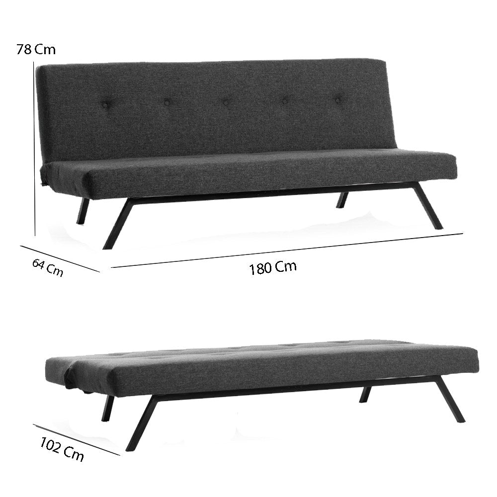Sofá-cama elegante de 3 lugares, cinza escuro, 180 x 102 cm | Estrutura 100% metálica, tecido de poliéster lavável, espuma de dureza média | Perfeito para espaços de convivência modernos