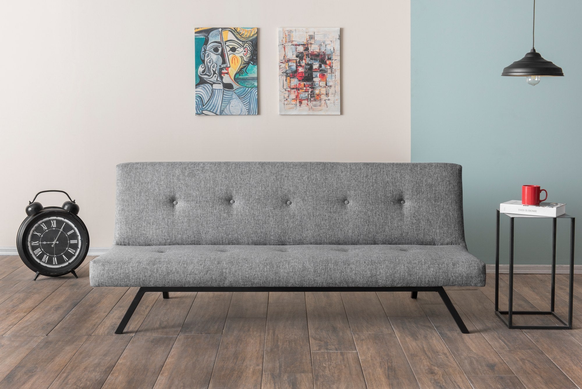 Sofá-cama cinza claro de 3 lugares, estrutura 100% metálica, tamanho de cama 180 x 102 cm, espuma média dura, tecido lavável, perfeito para espaços de convivência modernos