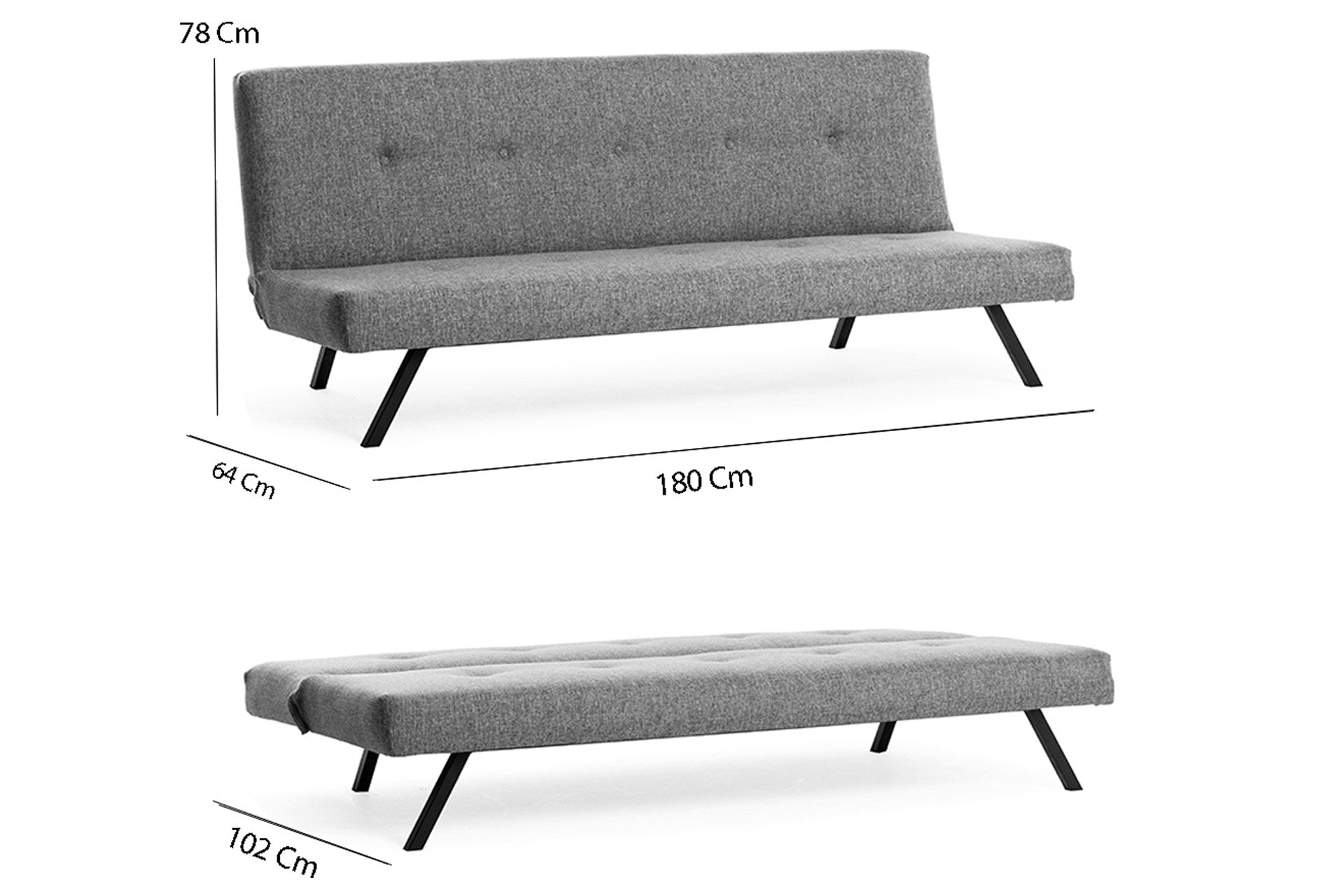 Sofá-cama cinza claro de 3 lugares, estrutura 100% metálica, tamanho de cama 180 x 102 cm, espuma média dura, tecido lavável, perfeito para espaços de convivência modernos
