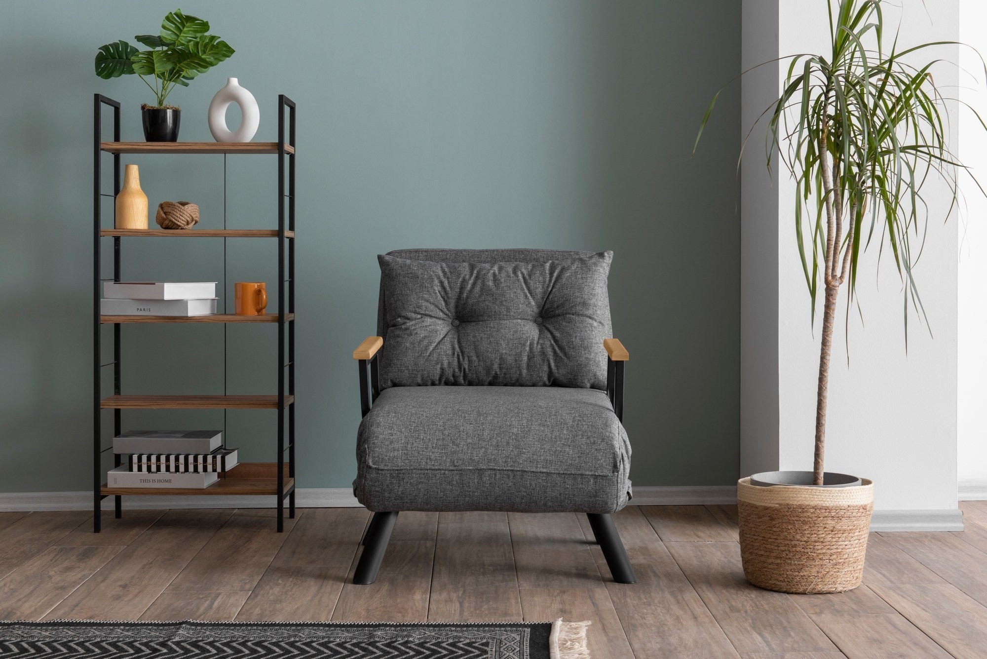 Sofá-cama cinza claro de 1 lugar, estrutura 100% metálica, tecido de linho | Encosto ajustável em 14 níveis, fácil conversão, peso máximo de 100 kg | Elegante e funcional