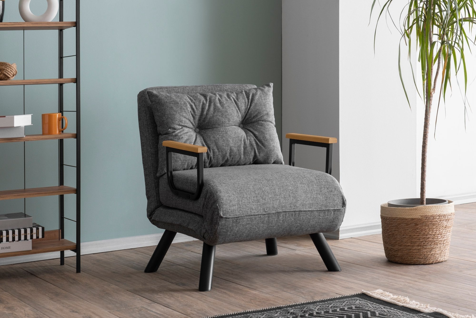Sofá-cama cinza claro de 1 lugar, estrutura 100% metálica, tecido de linho | Encosto ajustável em 14 níveis, fácil conversão, peso máximo de 100 kg | Elegante e funcional