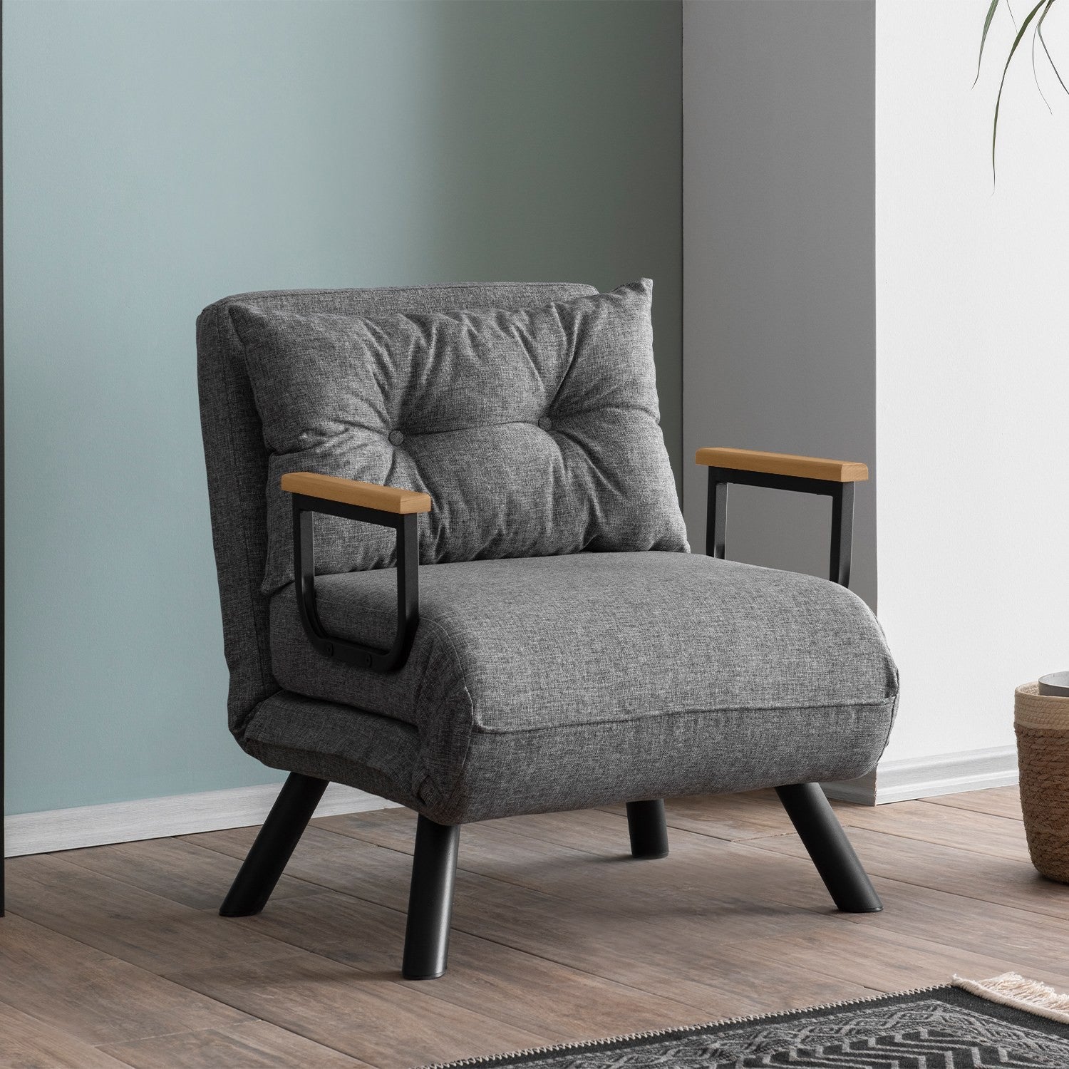 Sofá-cama cinza claro de 1 lugar, estrutura 100% metálica, tecido de linho | Encosto ajustável em 14 níveis, fácil conversão, peso máximo de 100 kg | Elegante e funcional