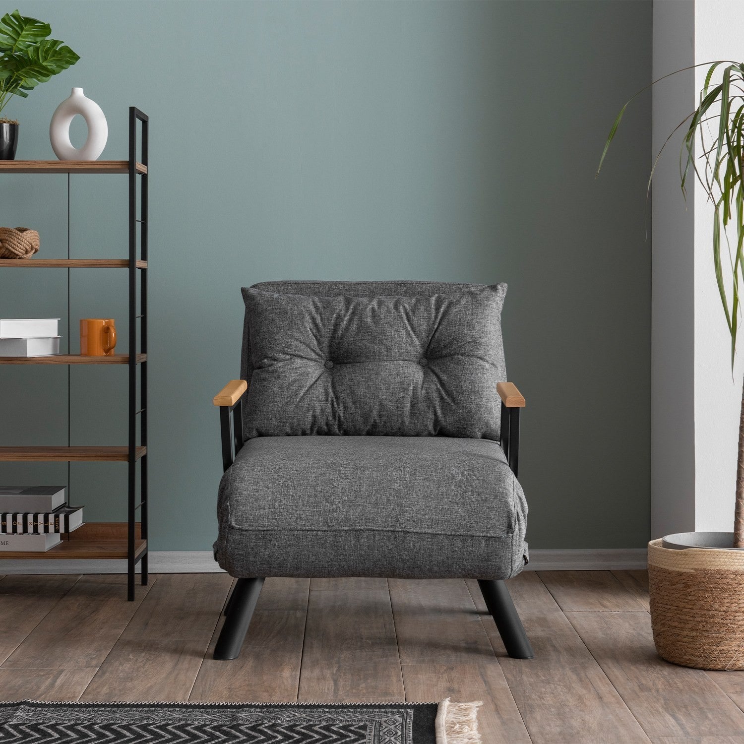 Sofá-cama cinza claro de 1 lugar, estrutura 100% metálica, tecido de linho | Encosto ajustável em 14 níveis, fácil conversão, peso máximo de 100 kg | Elegante e funcional