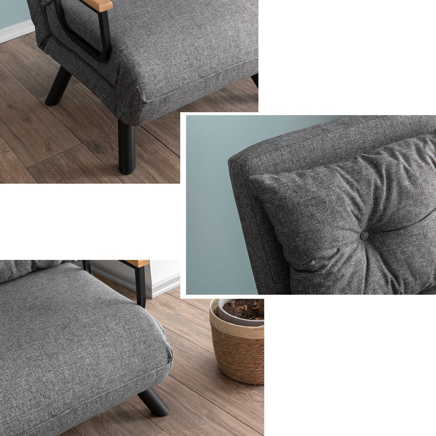 Sofá-cama cinza claro de 1 lugar, estrutura 100% metálica, tecido de linho | Encosto ajustável em 14 níveis, fácil conversão, peso máximo de 100 kg | Elegante e funcional