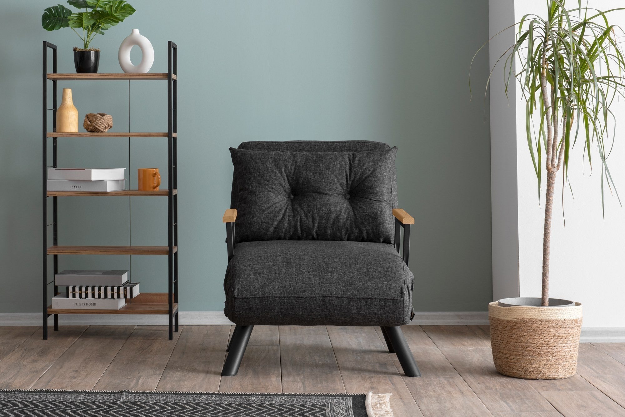 Sofá-cama versátil de 1 lugar, tecido de linho cinza escuro, estrutura 100% metálica | Encosto ajustável em 14 níveis, fácil conversão, peso máximo de 100 kg | Perfeito para espaços pequenos