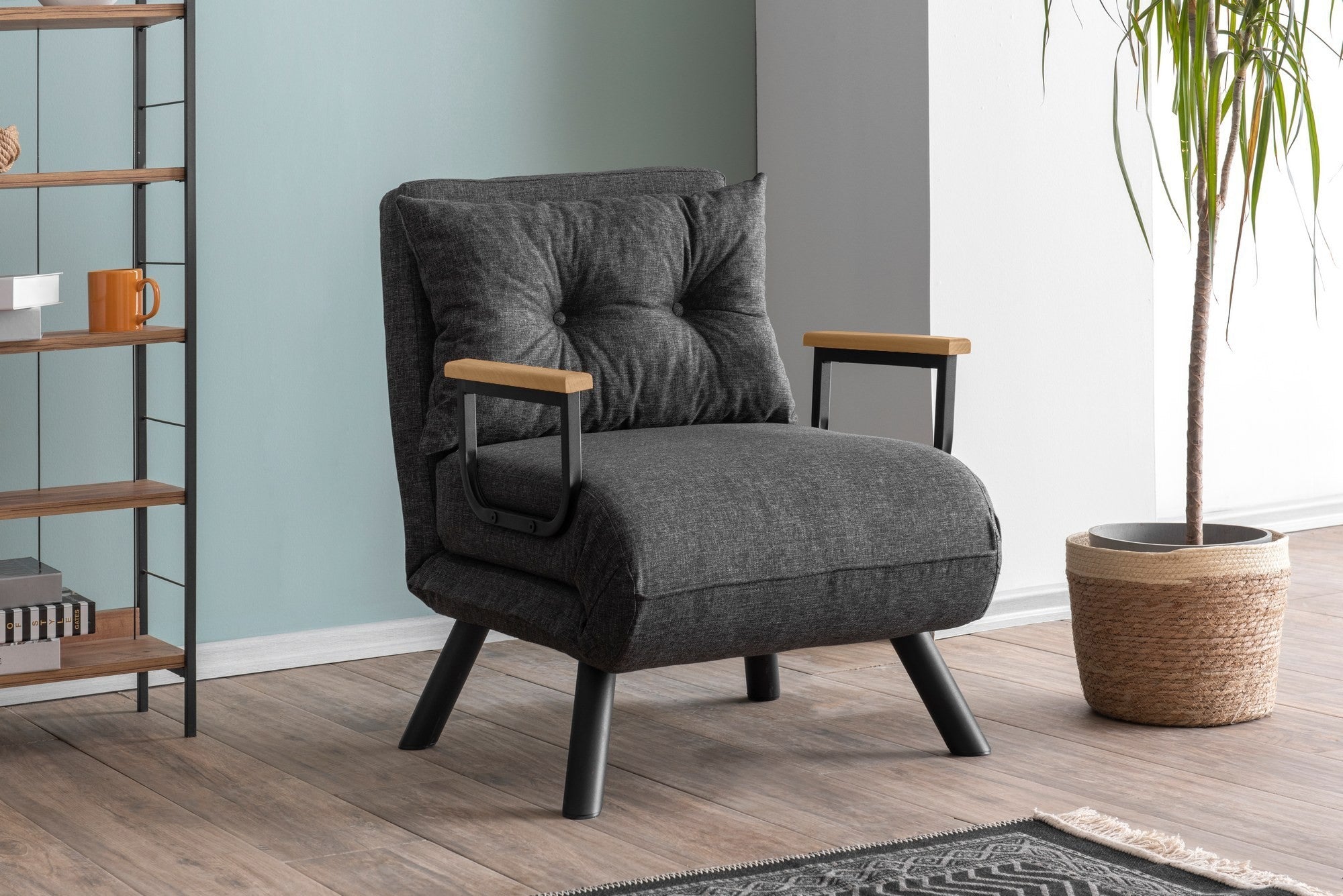 Sofá-cama versátil de 1 lugar, tecido de linho cinza escuro, estrutura 100% metálica | Encosto ajustável em 14 níveis, fácil conversão, peso máximo de 100 kg | Perfeito para espaços pequenos