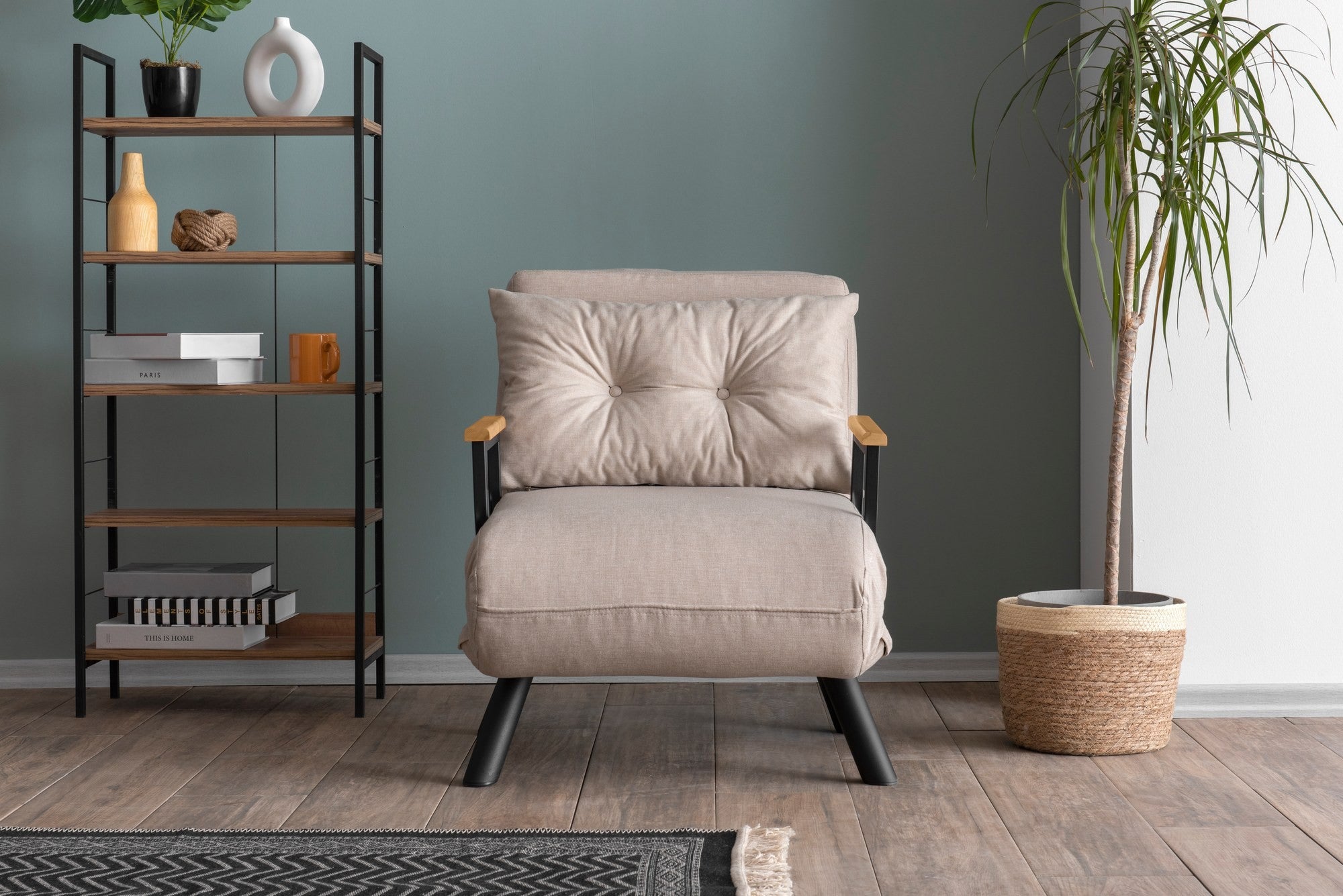 Sofá-cama versátil de 1 lugar, tecido de linho creme, estrutura 100% metálica | Encosto ajustável em 14 níveis, fácil conversão, peso máximo de 100 kg | Elegante e funcional